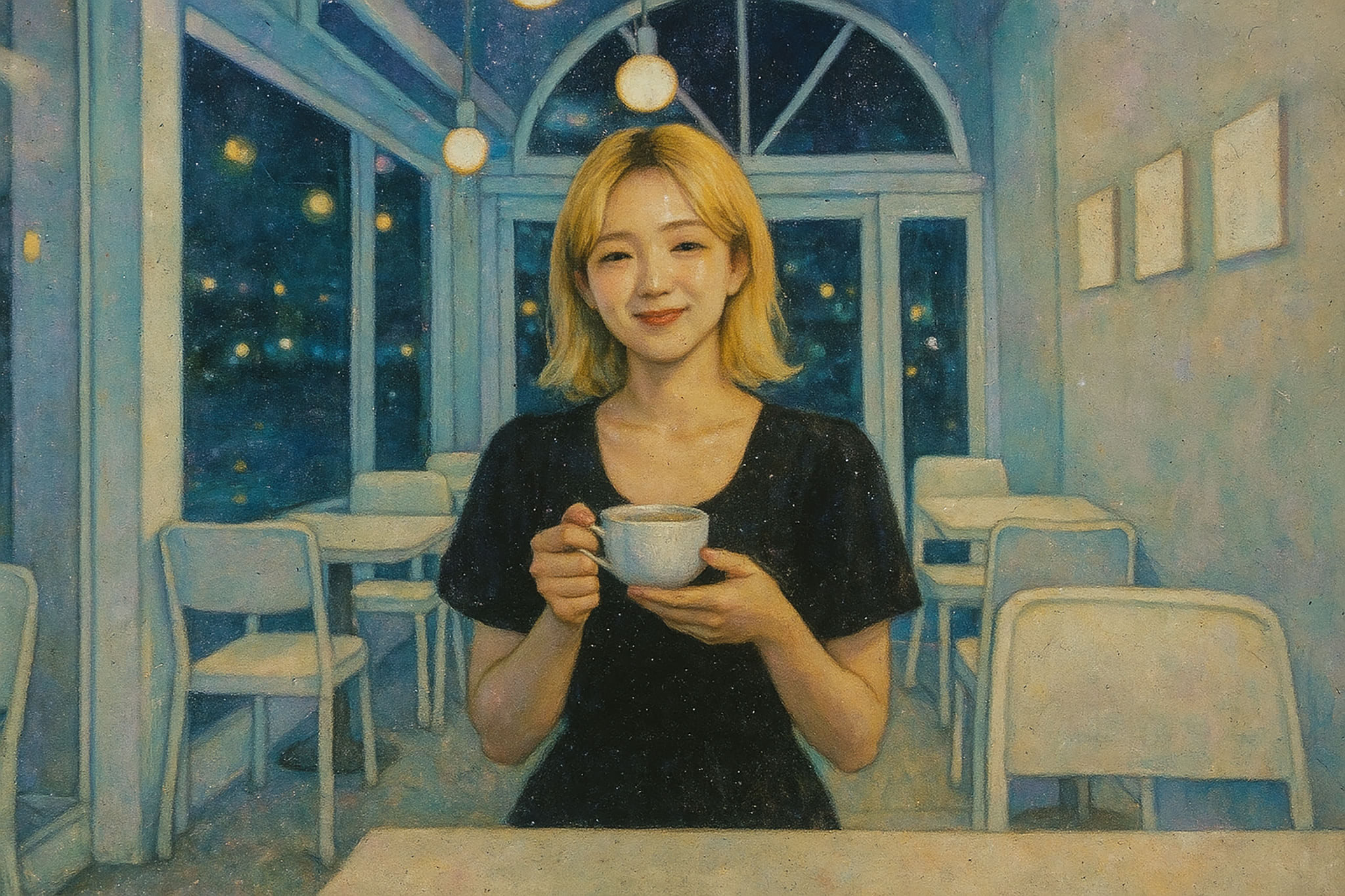 A woman holds a coffee cup in a cafe at night. Outside the window are city lights.