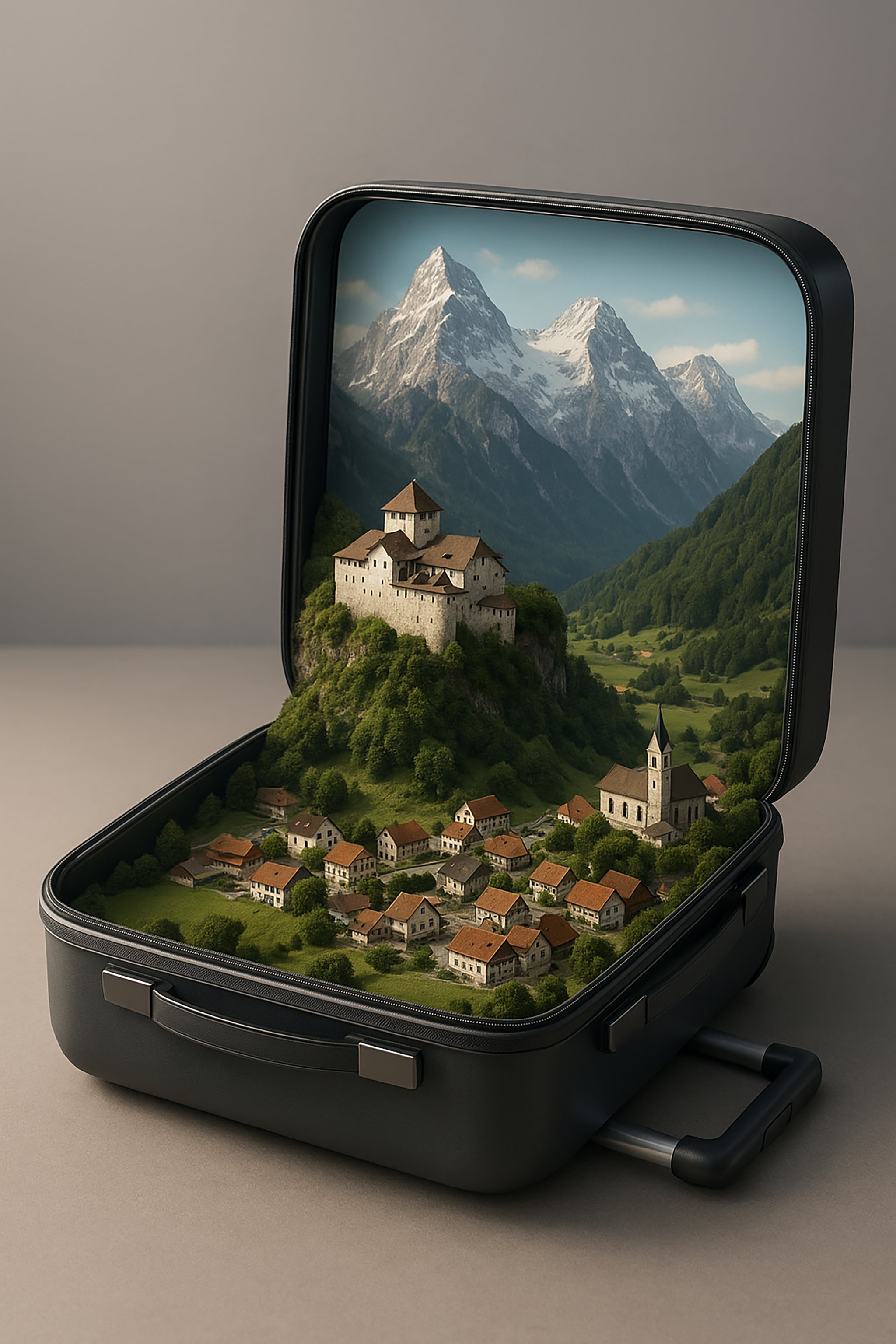 Suitcase with a miniature landscape of a village, mountains and a castle inside.