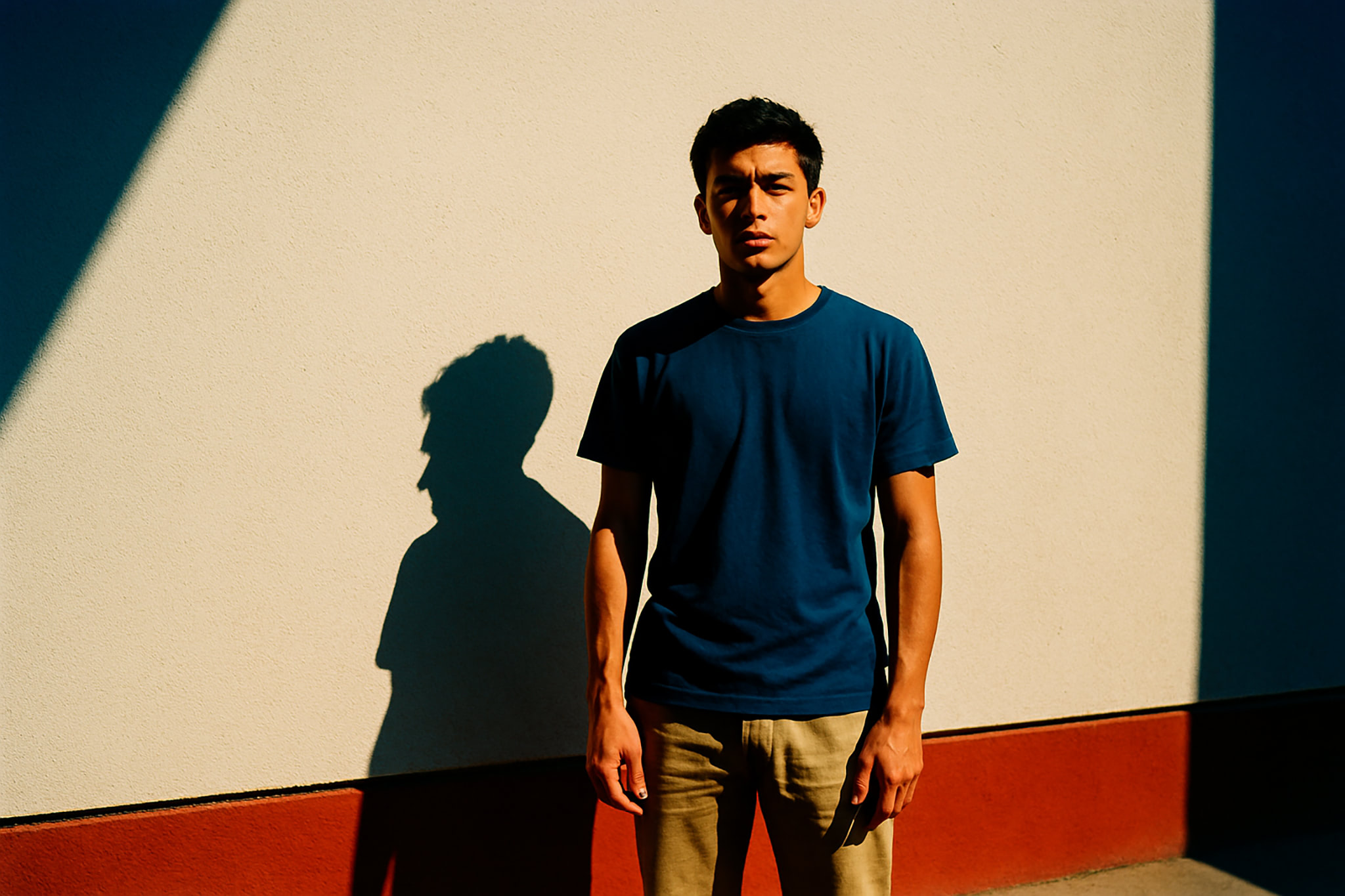 Man in blue shirt stands in front of a wall with shadow of his silhouette.