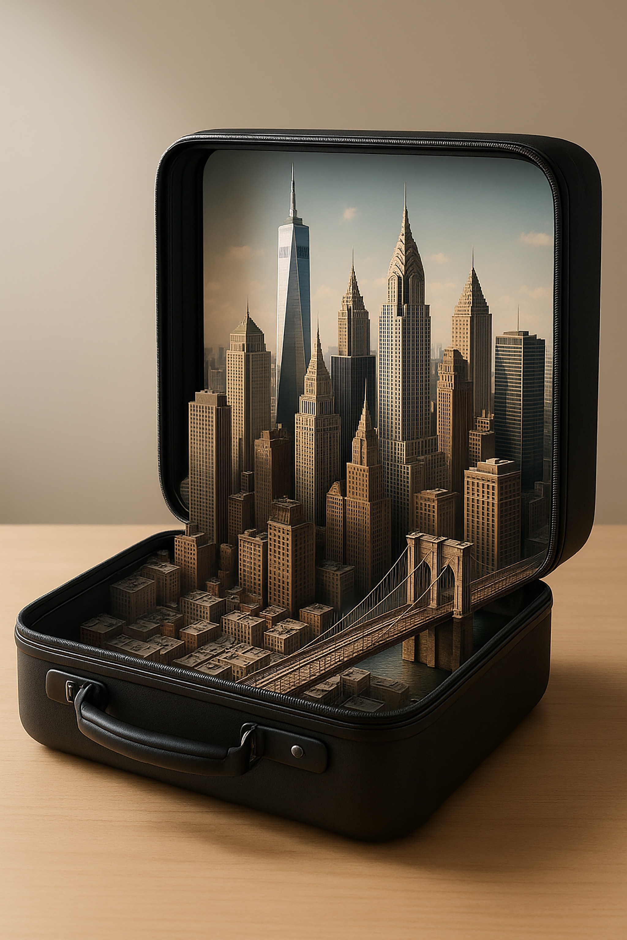 A miniature New York City scene inside an open suitcase, featuring skyscrapers and a bridge.
