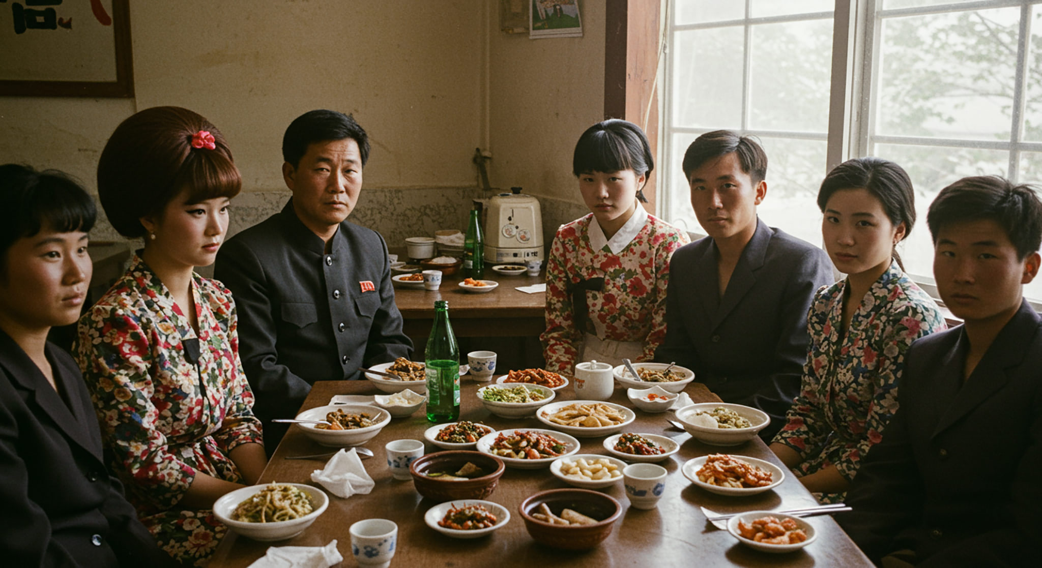 A North Korean family sits at a table laden with food, posing for a portrait.