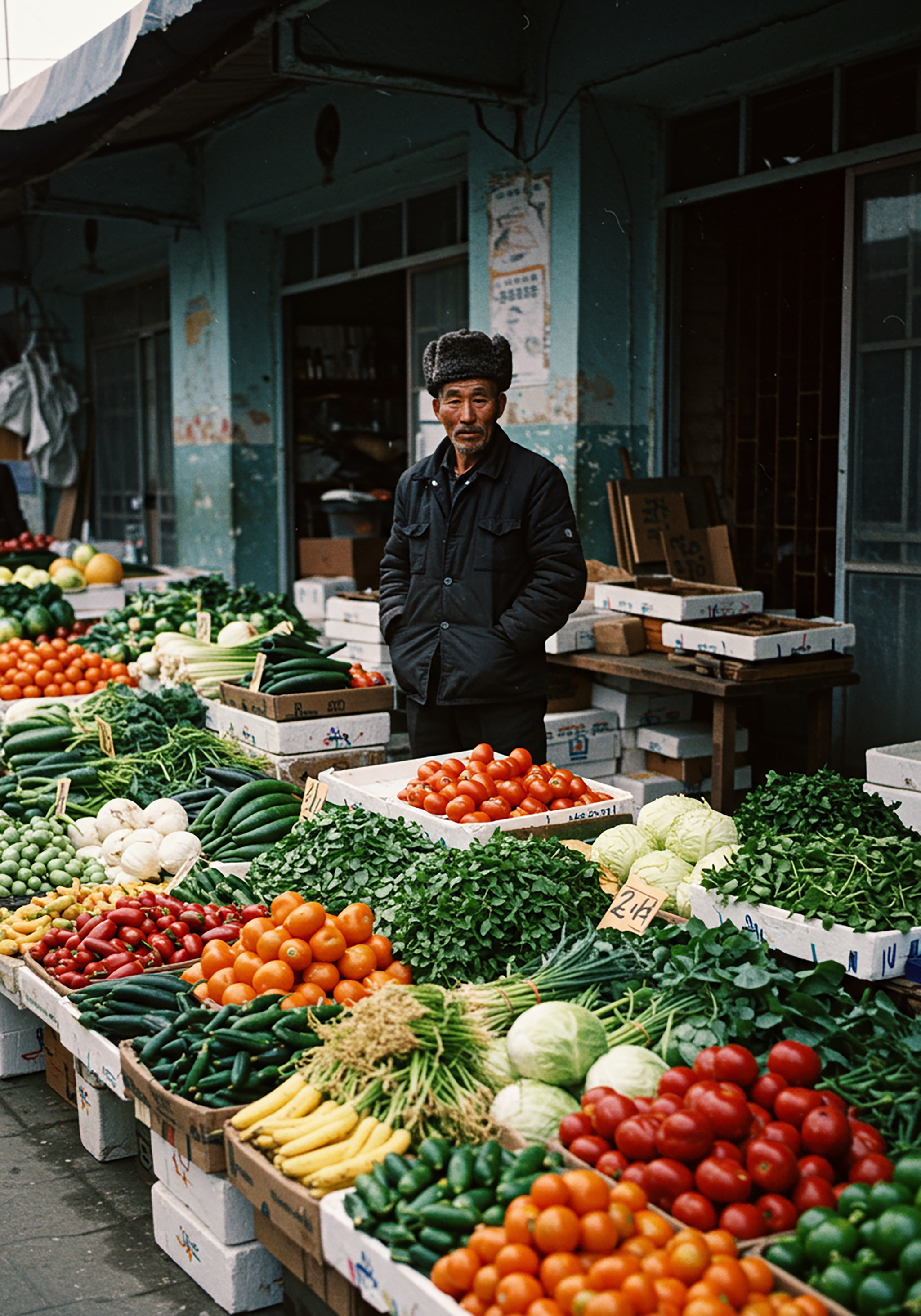 Man stands behind a produce stand with various vegetables, including tomatoes and cucumbers.