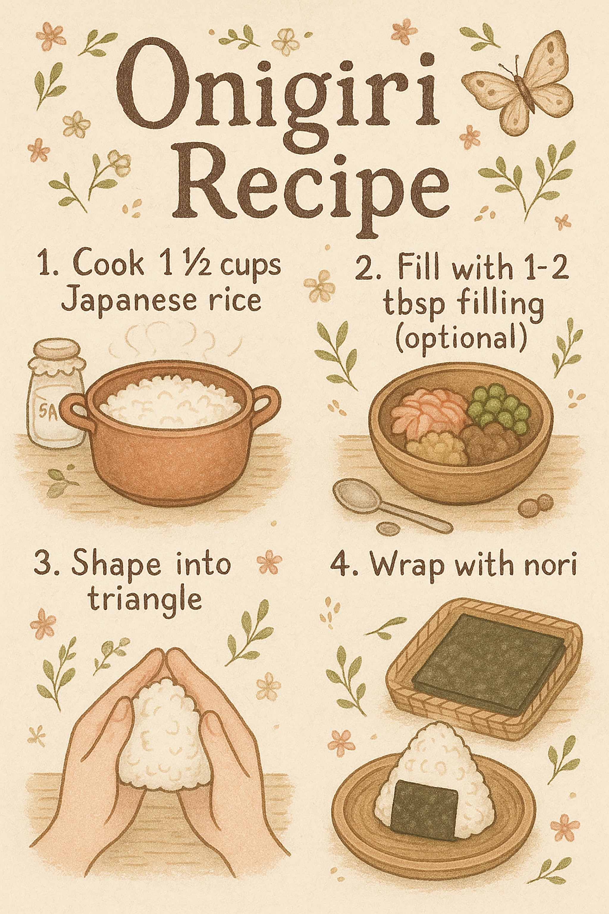 Illustrated steps of onigiri recipe: Cook rice, fill with toppings, shape into triangle, wrap with nori.