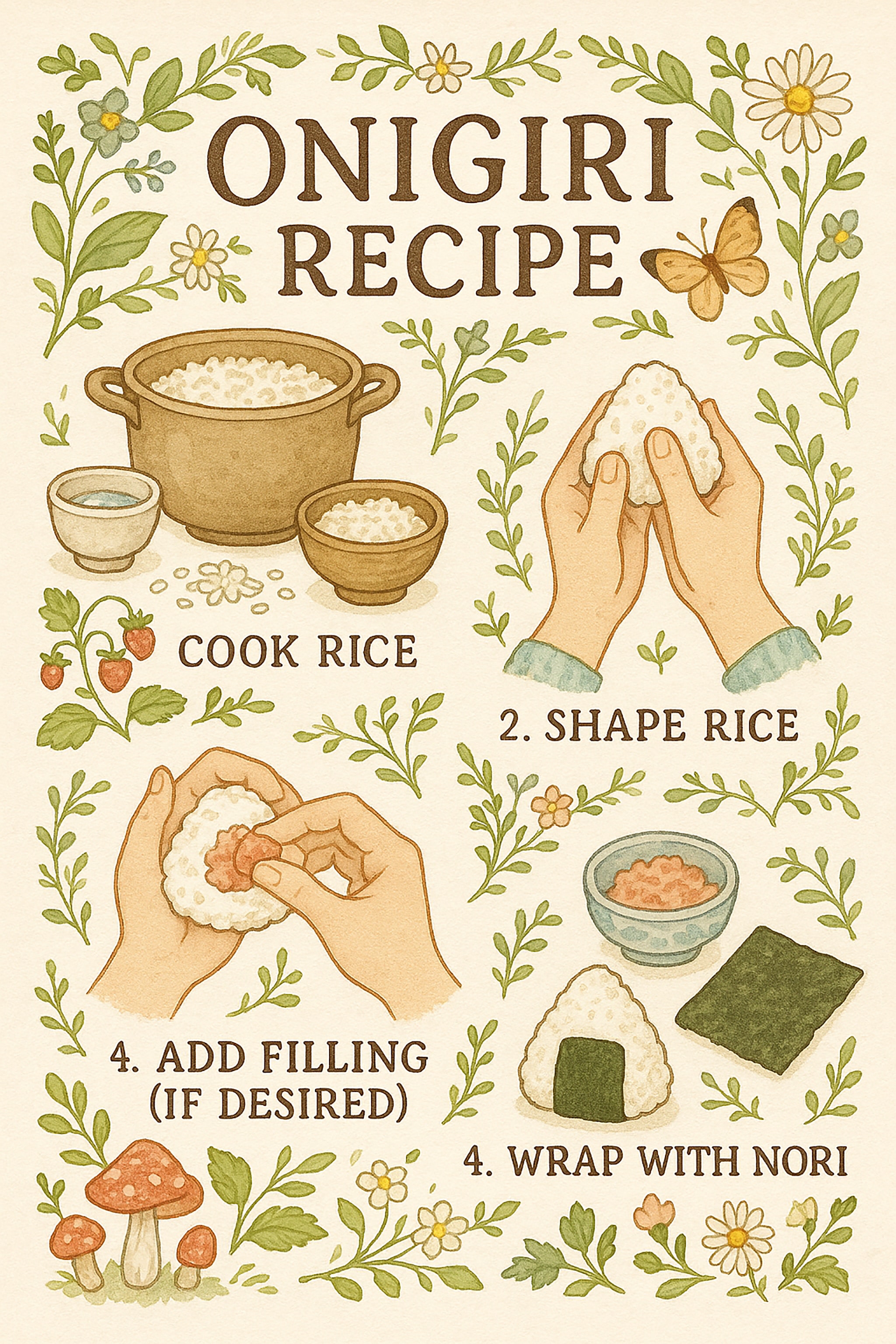 Illustration of an onigiri recipe in four steps: cook rice, shape rice, add filling, and wrap.