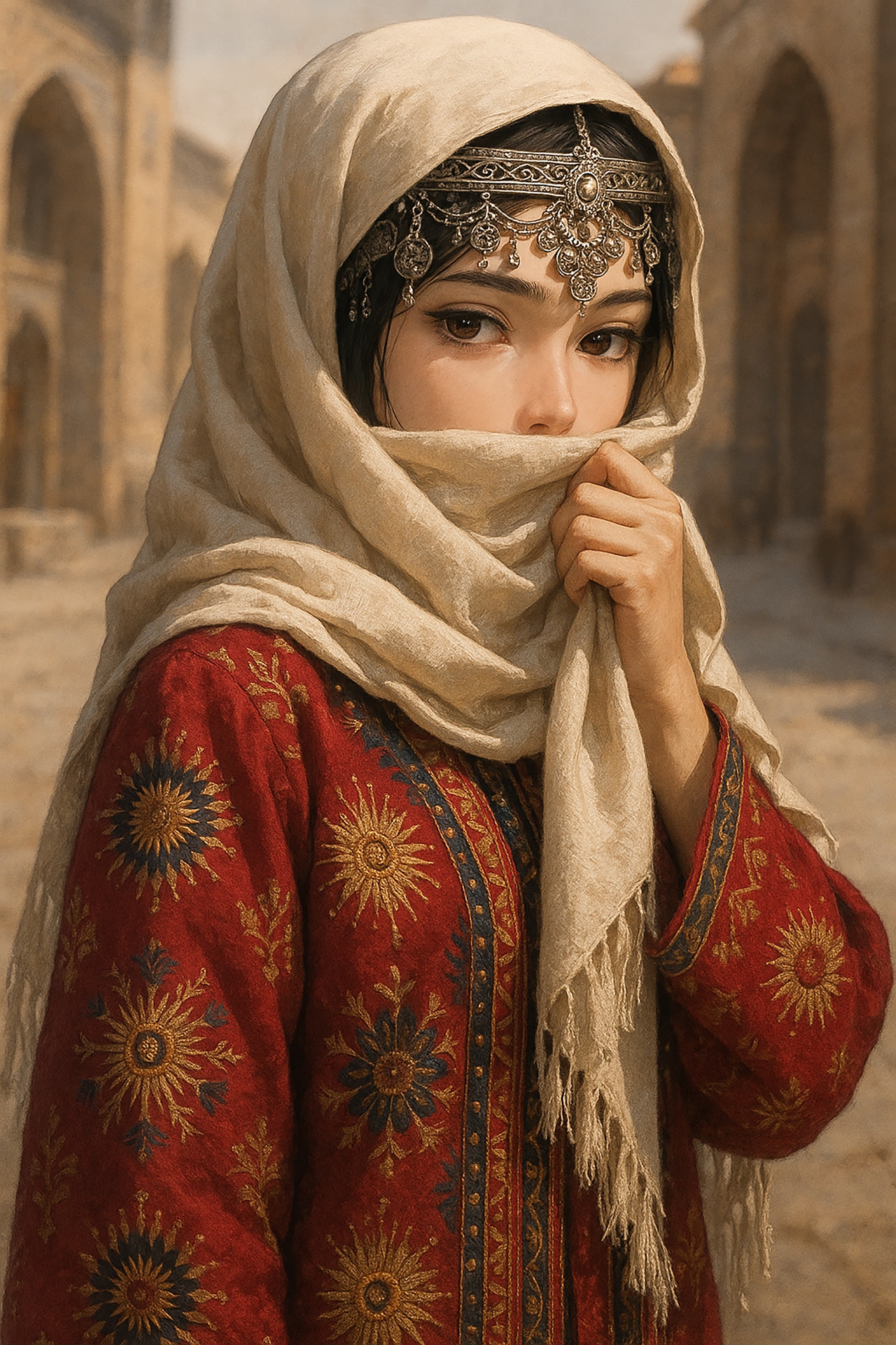Woman with a headscarf and red dress, ornate head jewelry, concealing her mouth.