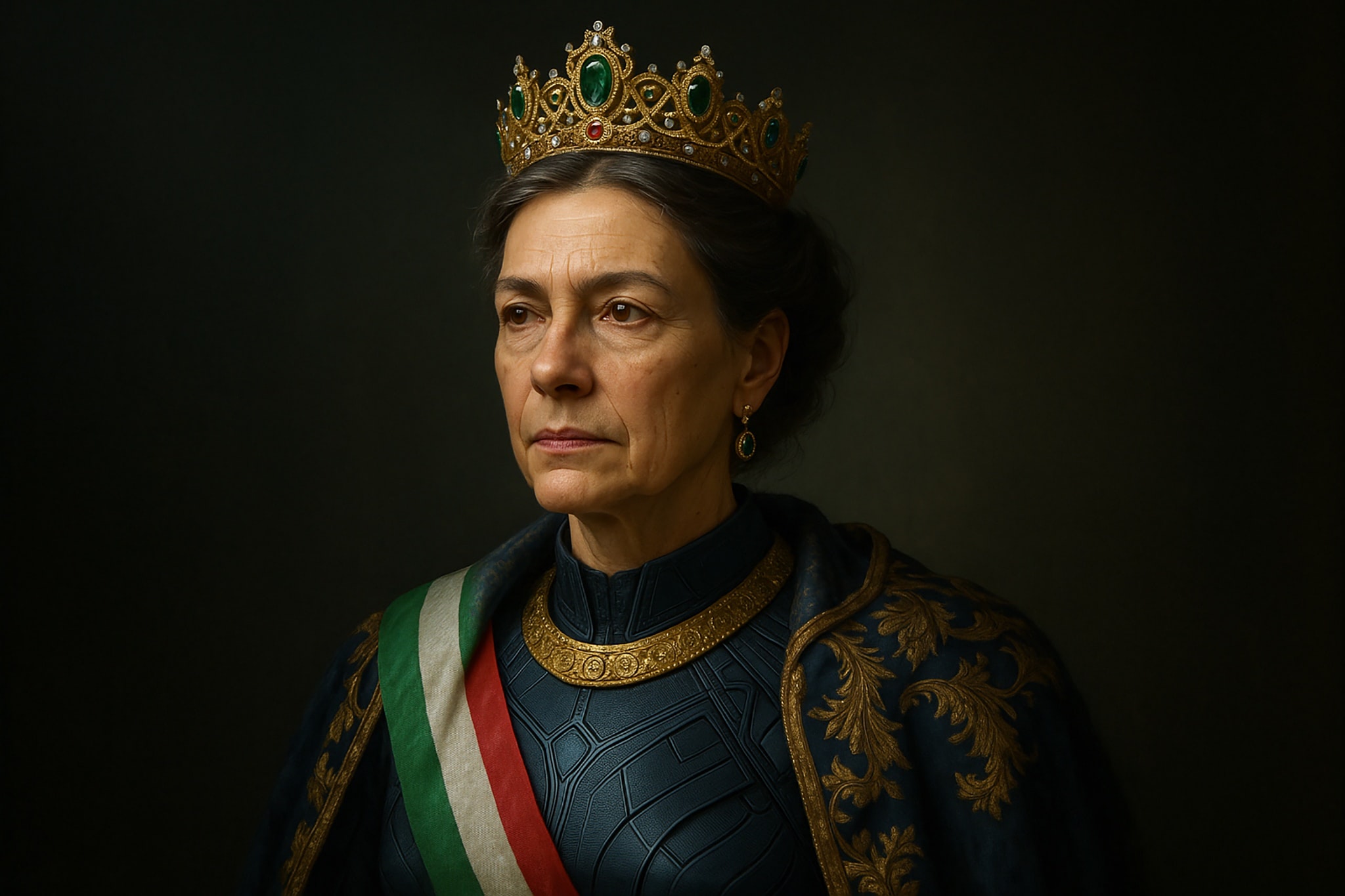 Portrait of a queen wearing a jeweled crown, Italian flag sash, and ornate blue cape.