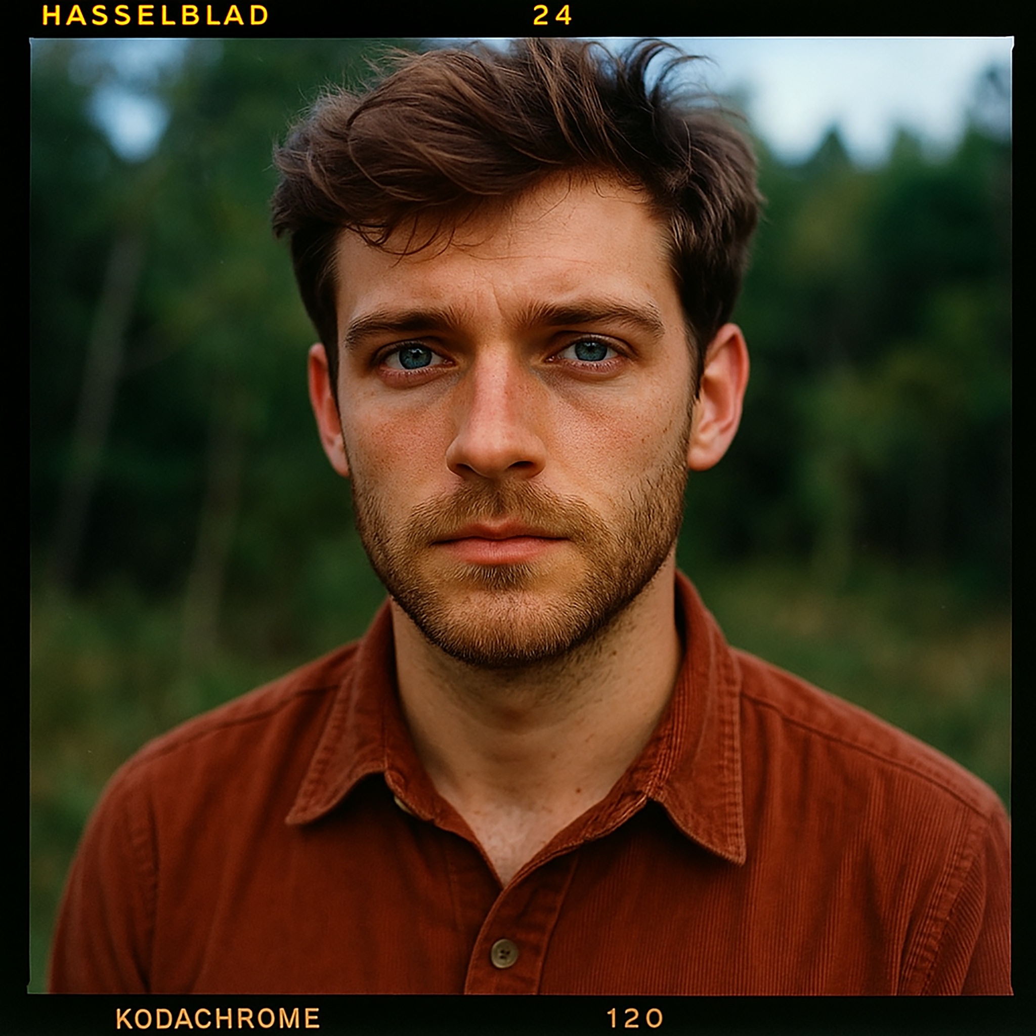 Portrait of a man with blue eyes wearing a rust-colored shirt, standing outside with a forest backdrop.