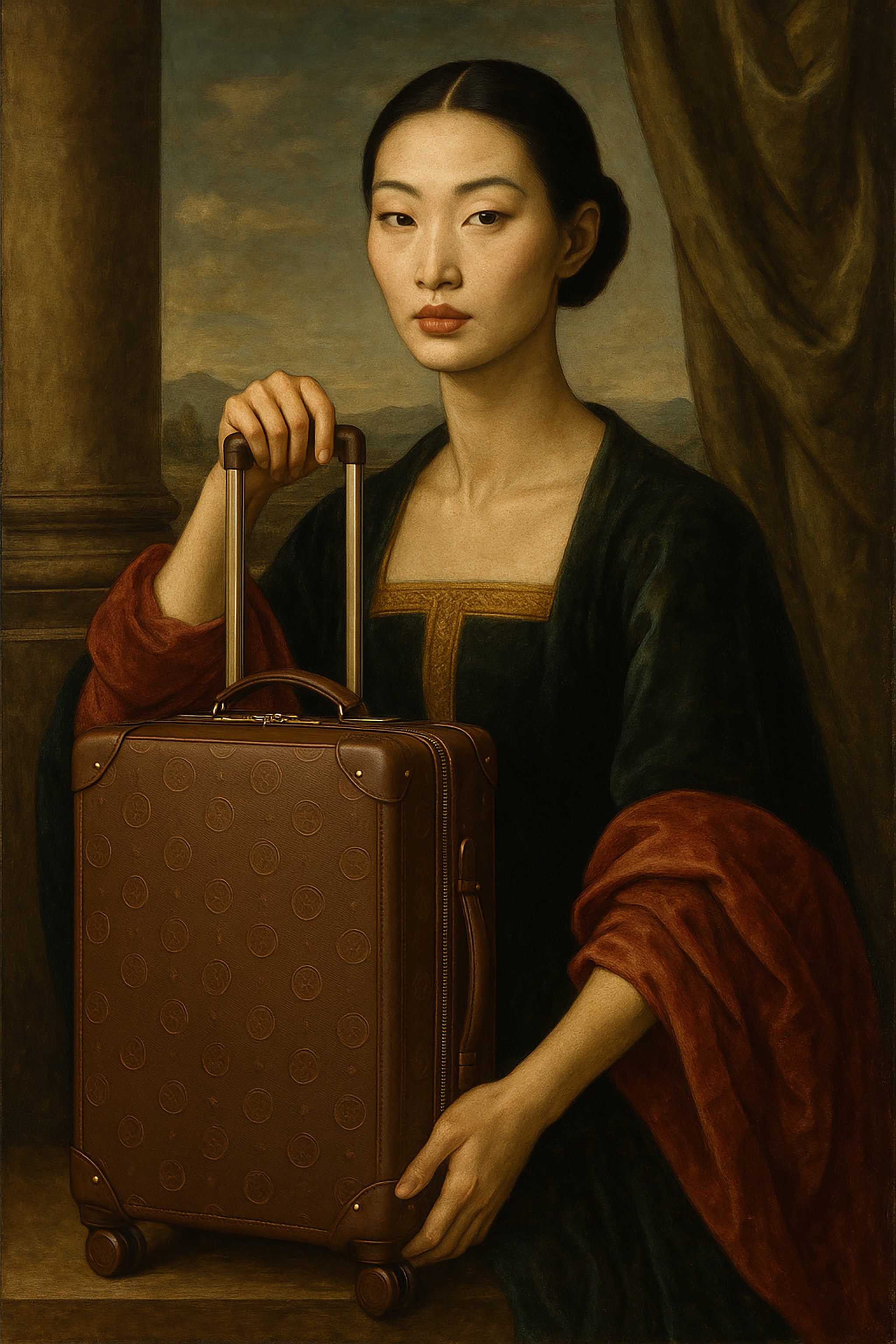 Painting of an Asian woman in Renaissance style holding a suitcase.