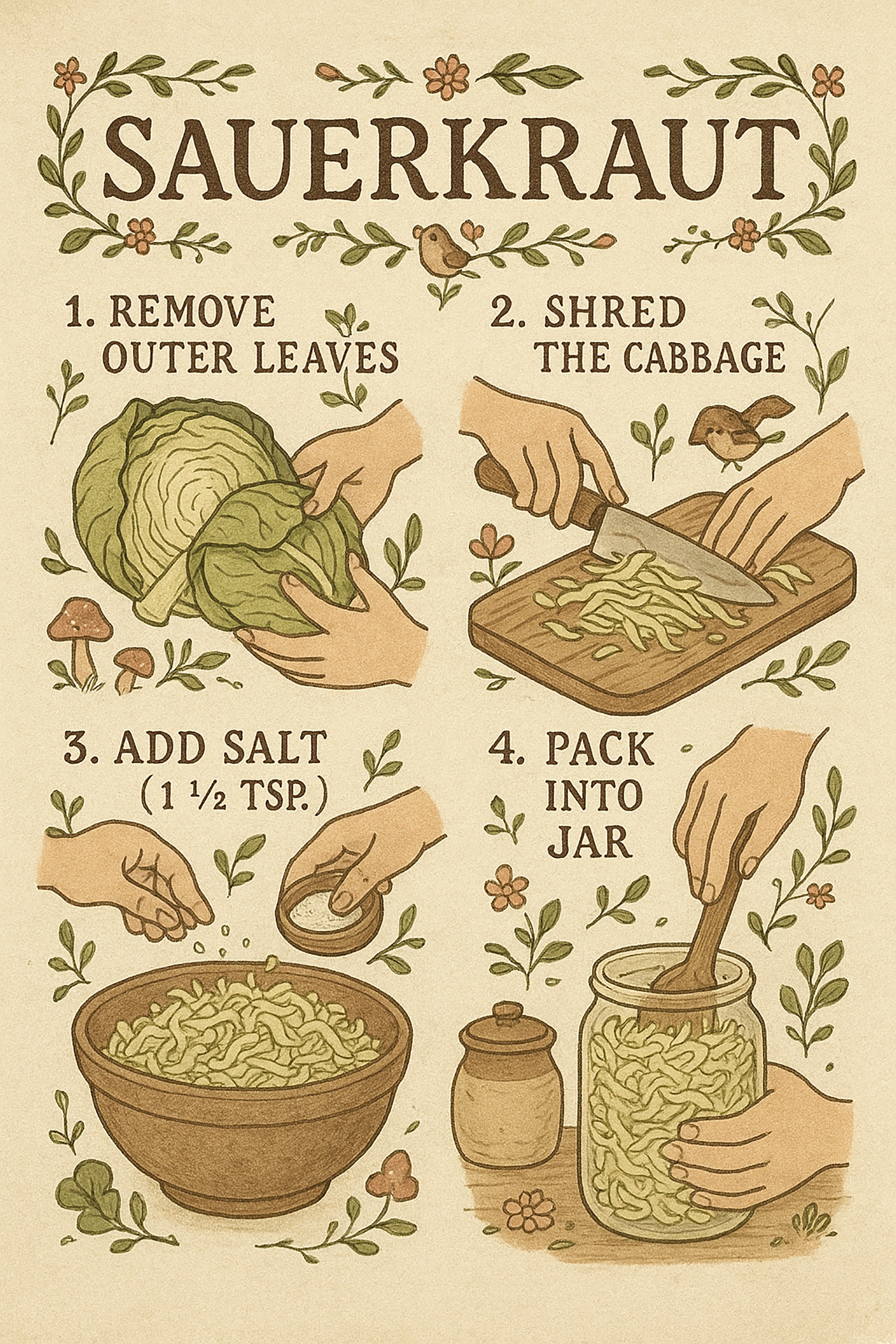 Illustrated steps for making sauerkraut: remove leaves, shred cabbage, add salt, and pack into a jar.