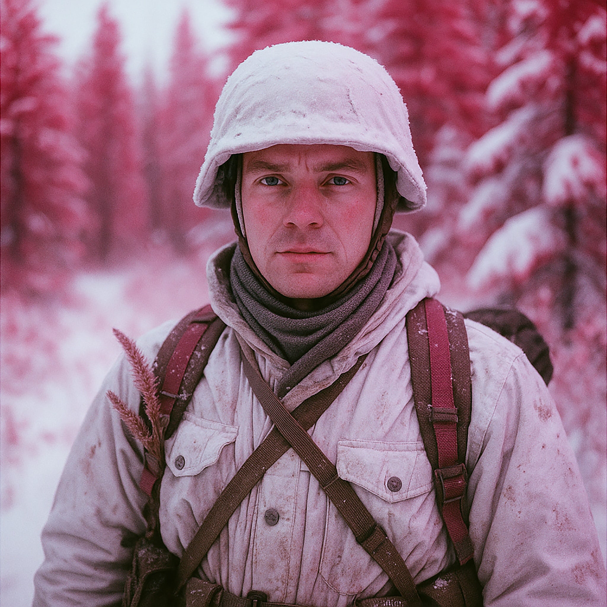 Soldier in a winter forest, wearing a helmet and winter clothing, looks towards the viewer. Trees in background.