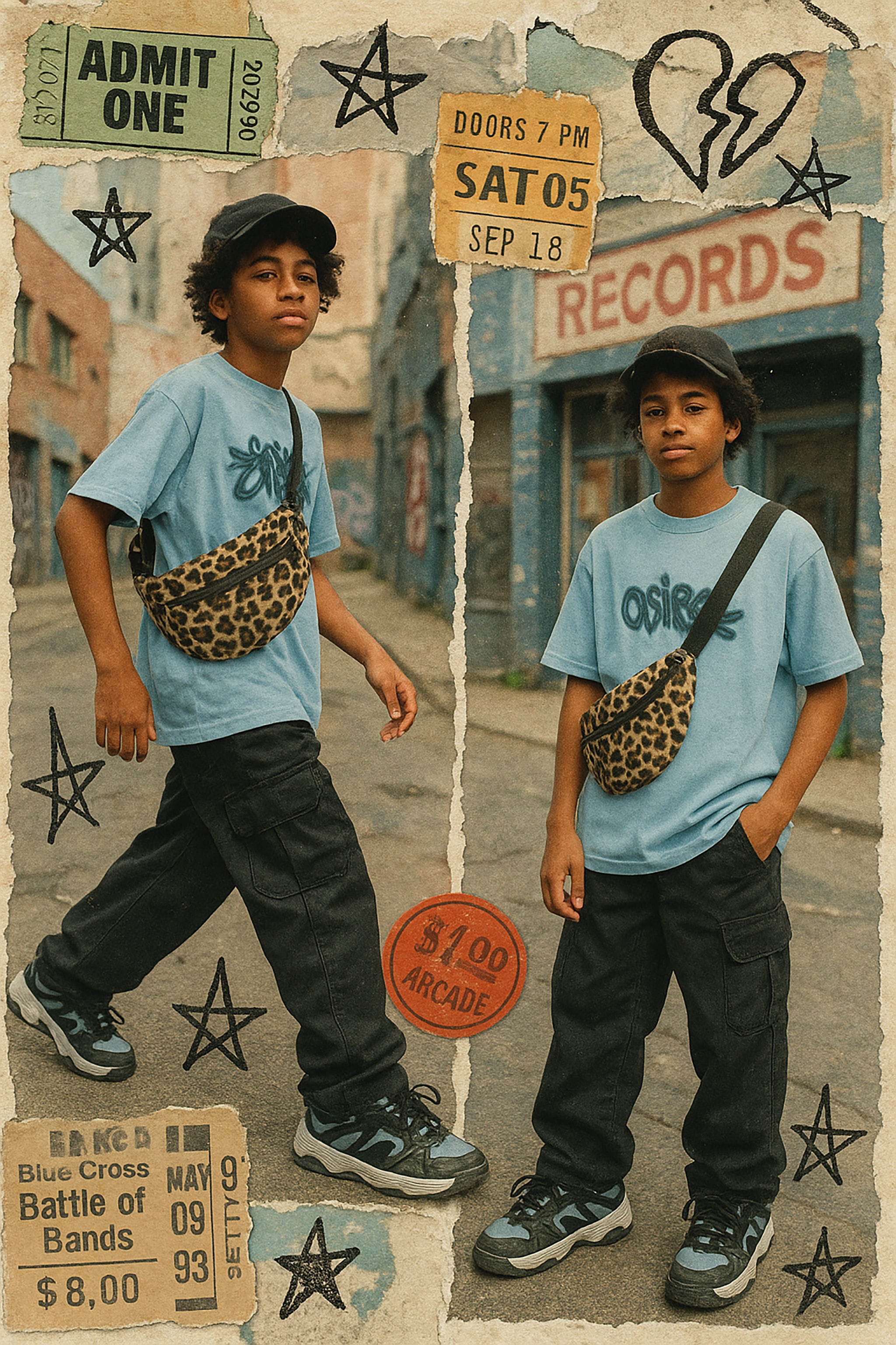 Young man in street wear with leopard print fanny pack, two image composition.