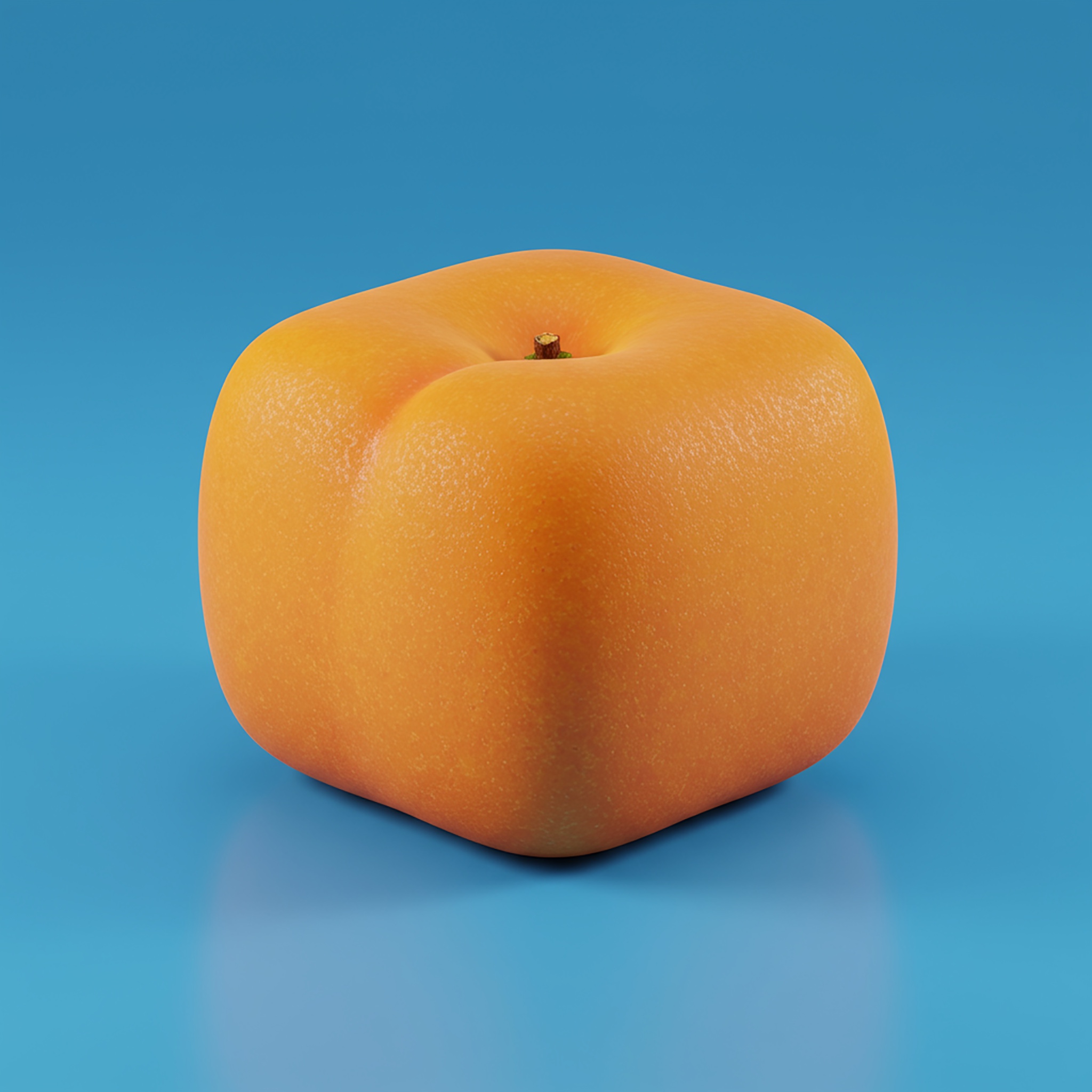 A stylized orange fruit shaped like a cube on a blue background.