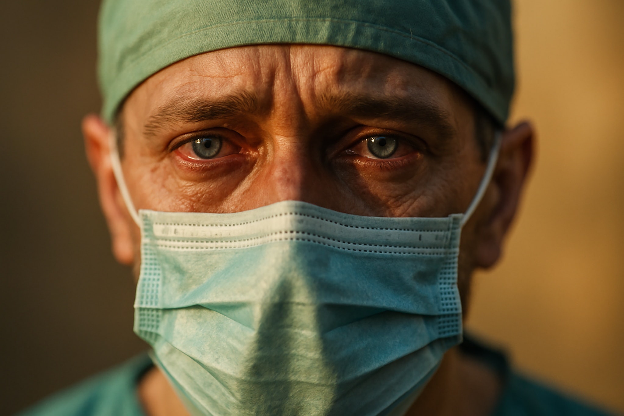 Surgeon wearing mask and cap, tired eyes, looking at the camera.