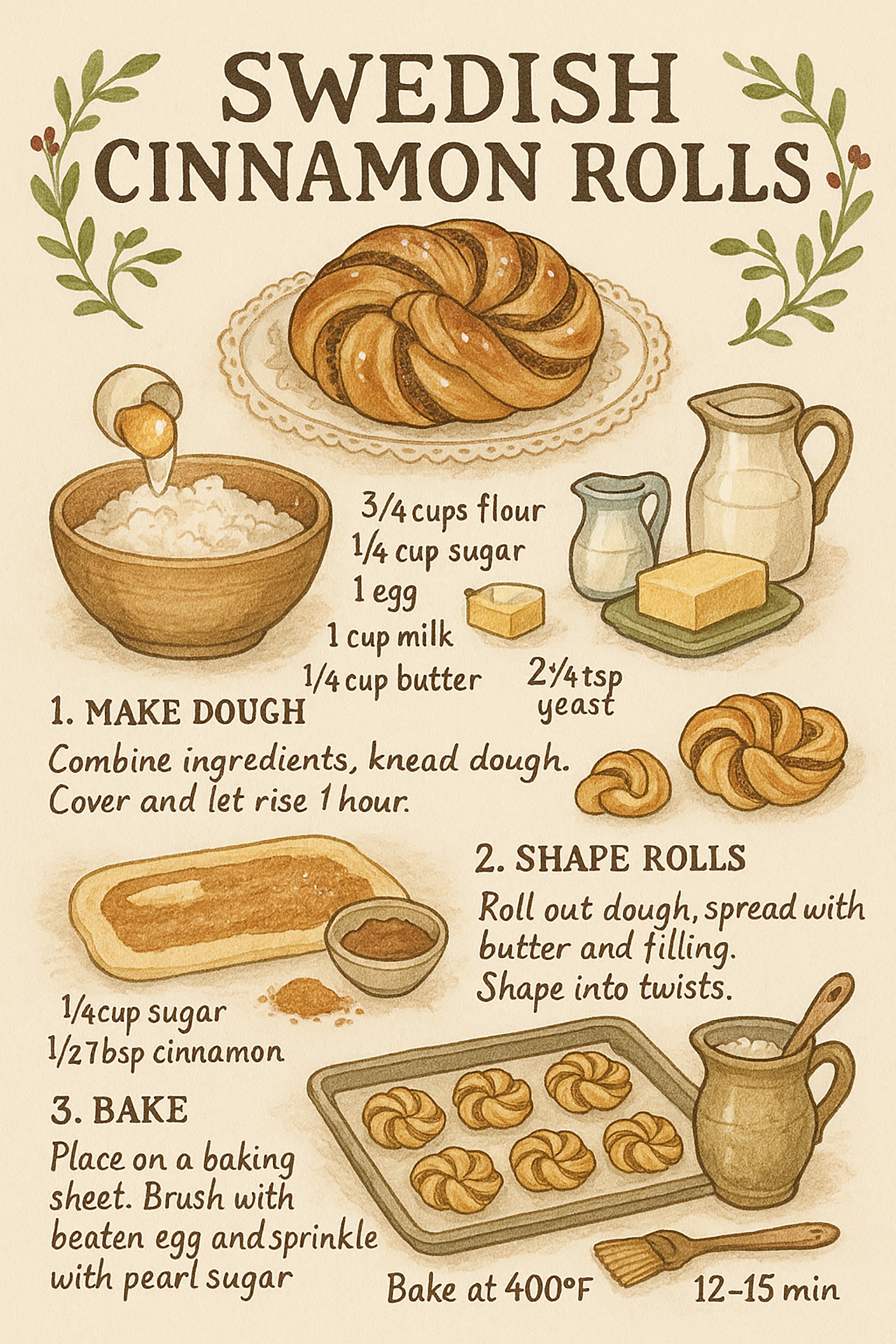 Illustration of a Swedish cinnamon roll recipe with ingredients and baking steps.