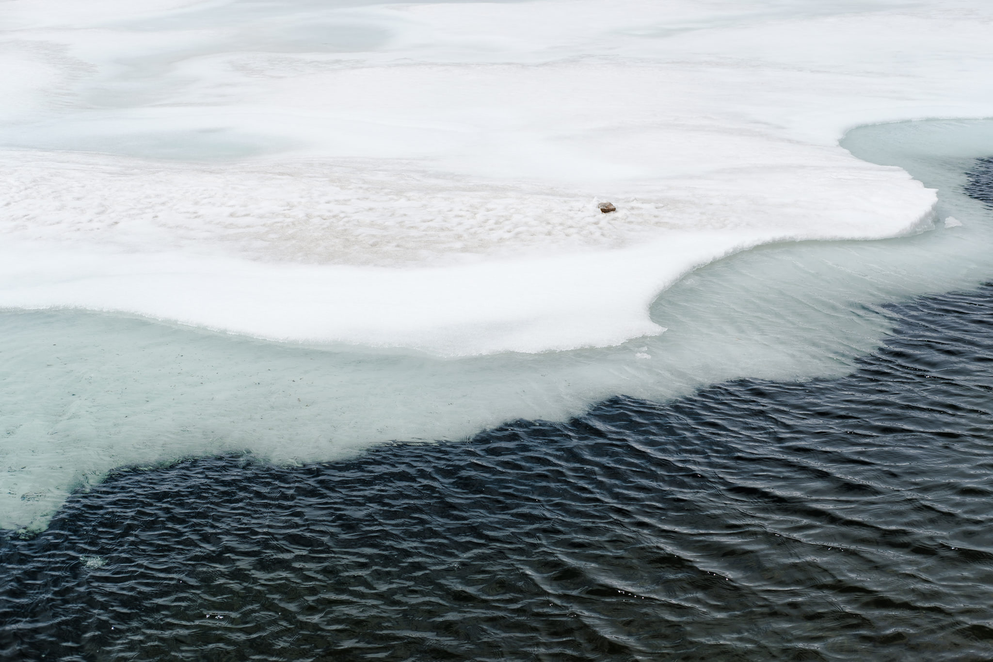 Ice melting into water, with a clear transition between the two. Darker water contrasts white ice.