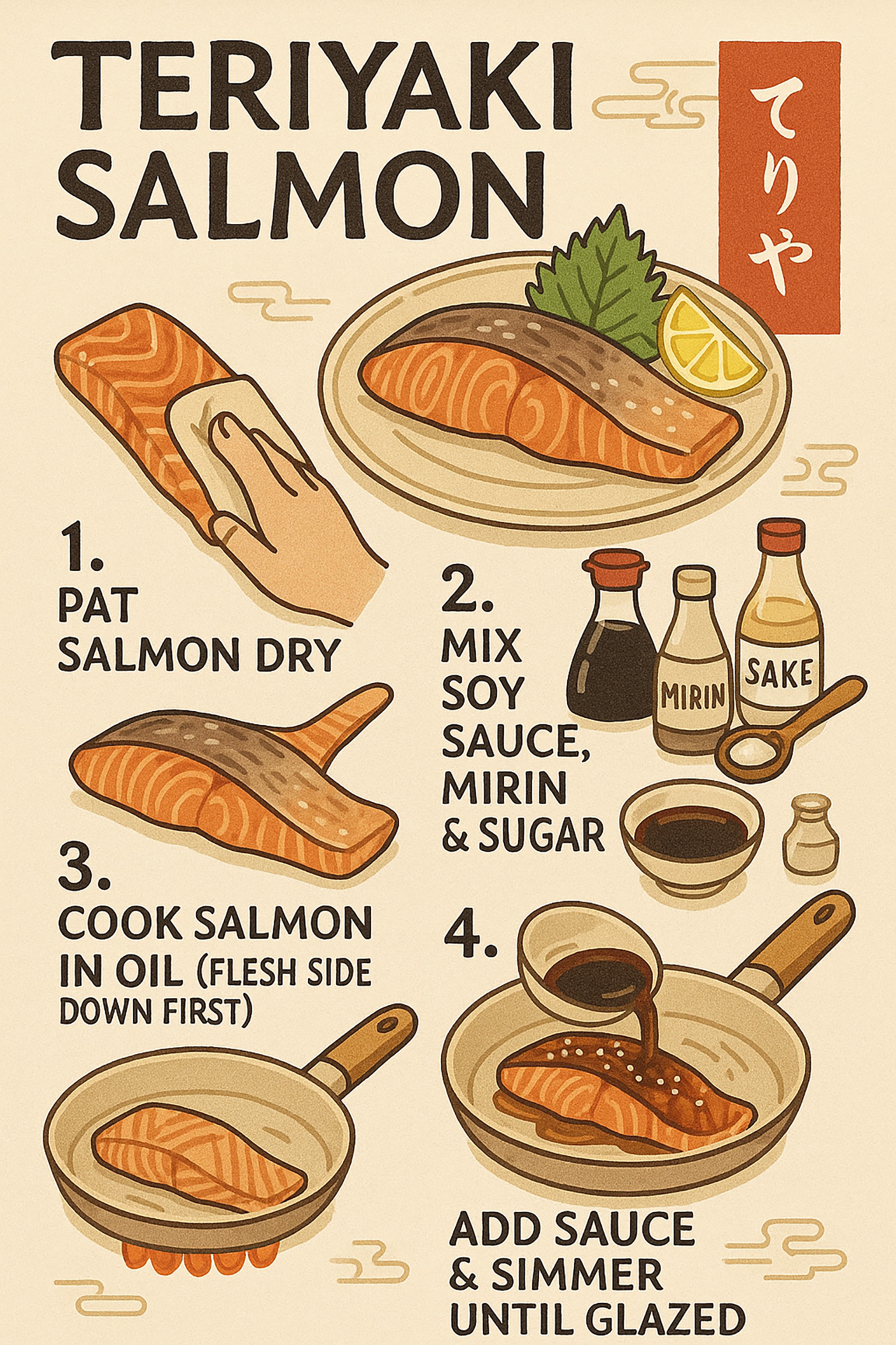 Illustrated steps for teriyaki salmon recipe, with salmon, ingredients, and cooking process.