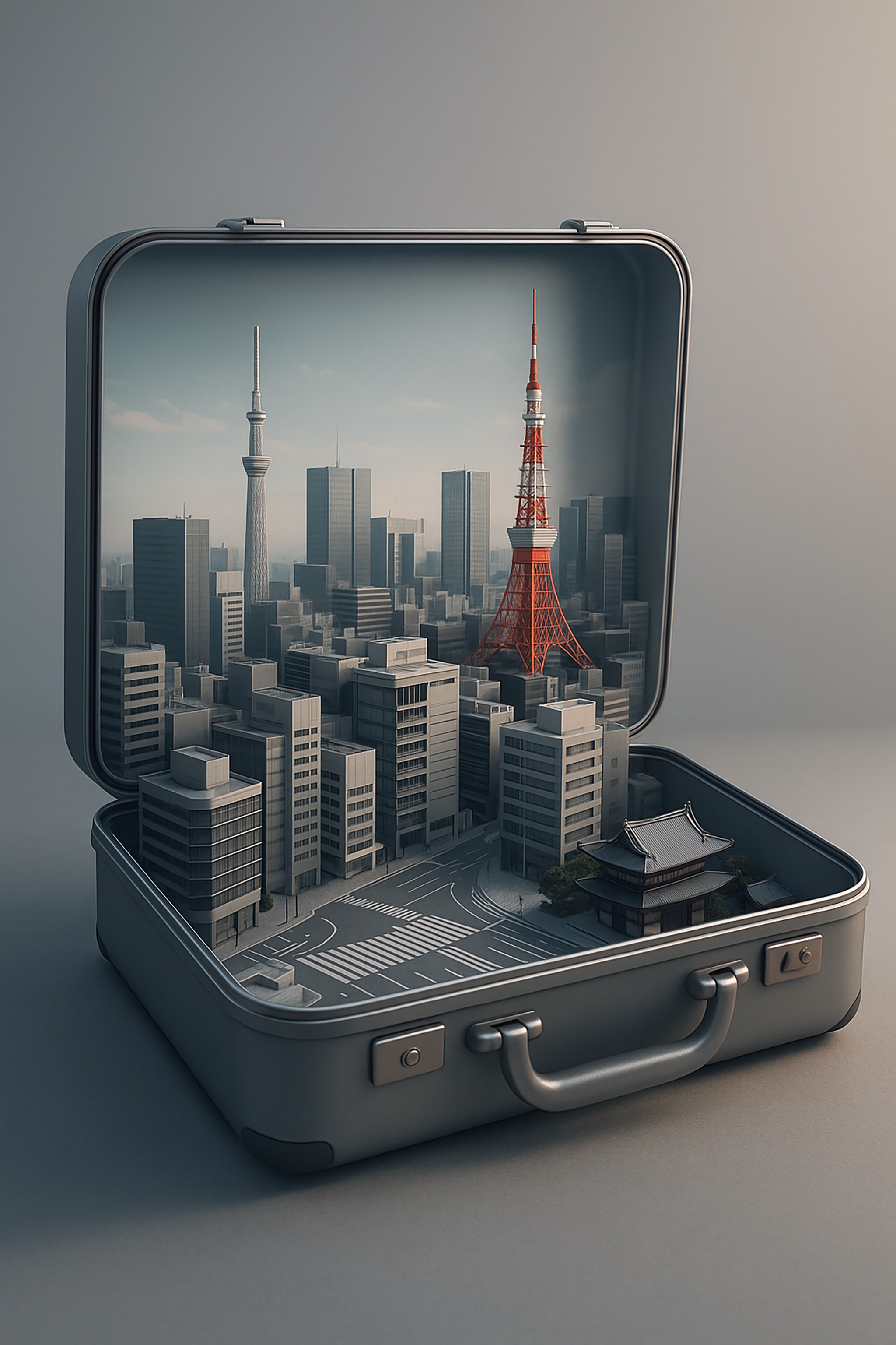 A miniature cityscape, including a red tower, inside an open suitcase.