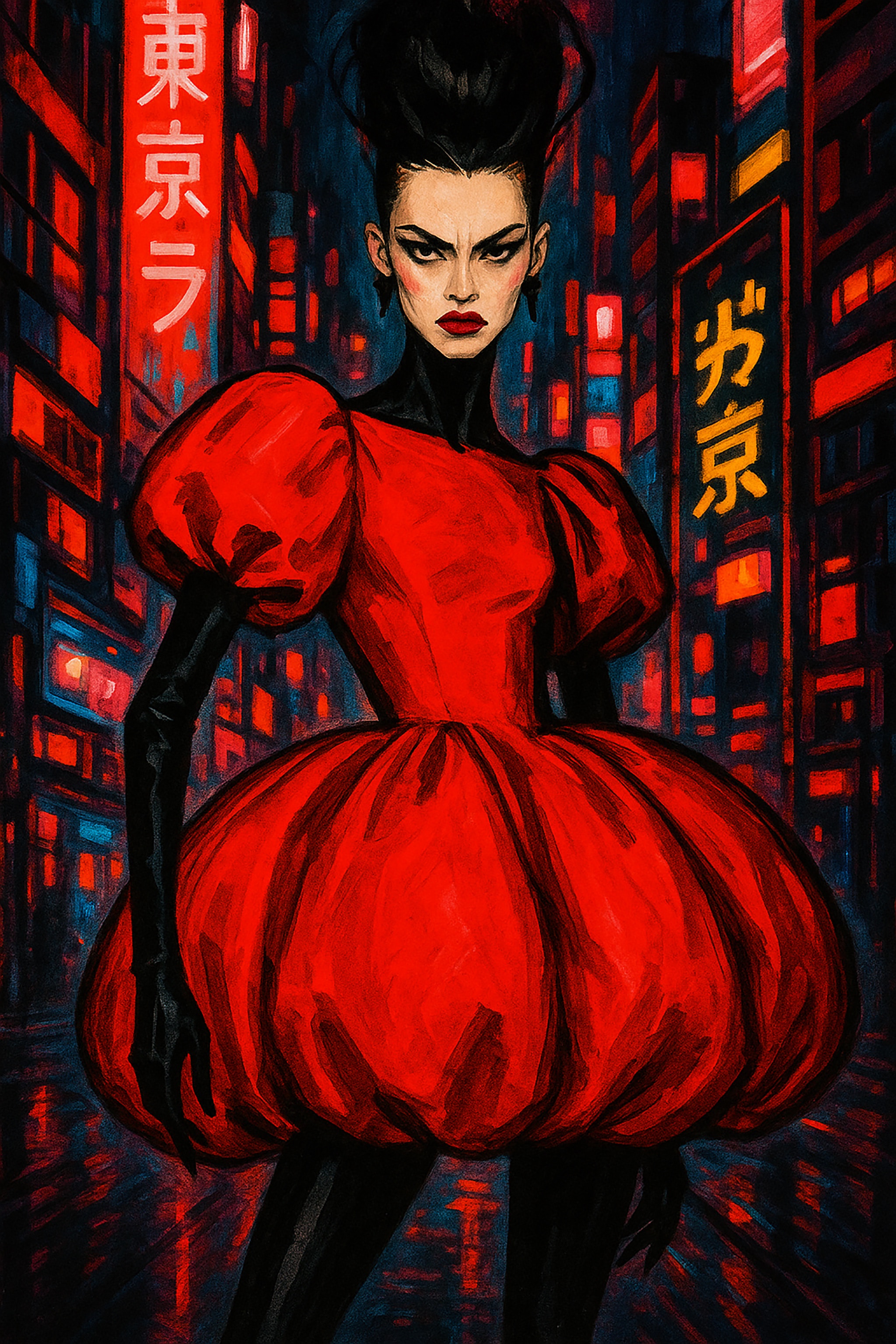 Illustration of a woman in a red dress in a city setting with Japanese text.