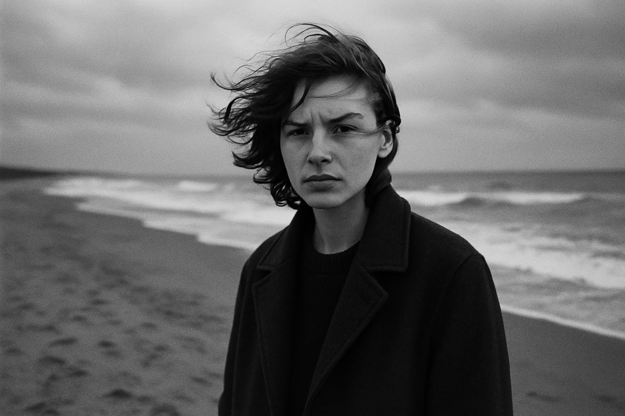 Black and white portrait of a woman on a beach with wind-swept hair. She wears a dark coat.