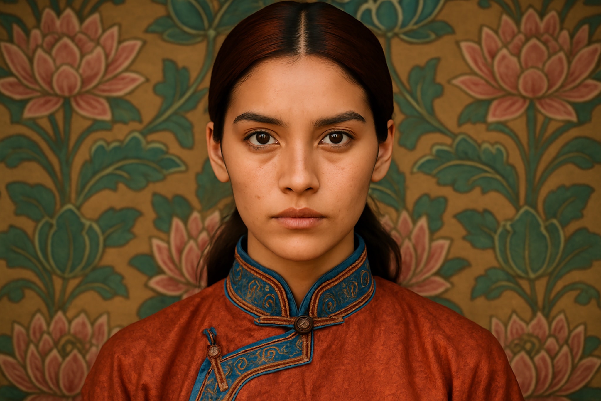 Woman in a red and blue patterned dress, with floral wallpaper behind.