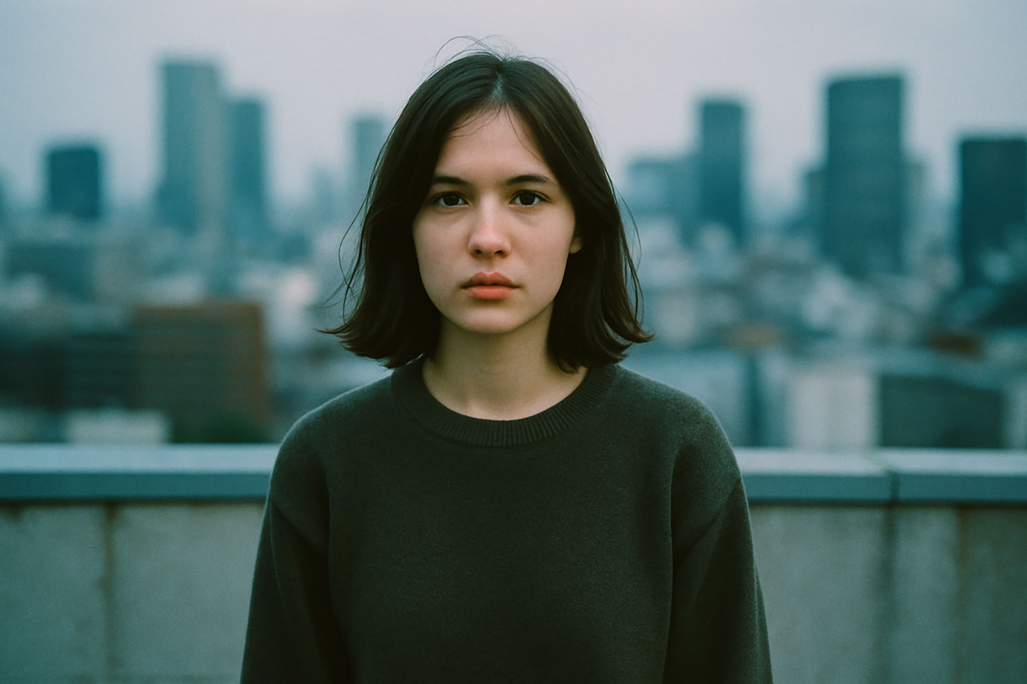 Portrait of a young woman on a rooftop, city in the background. She's wearing a dark sweater, looking at the camera.