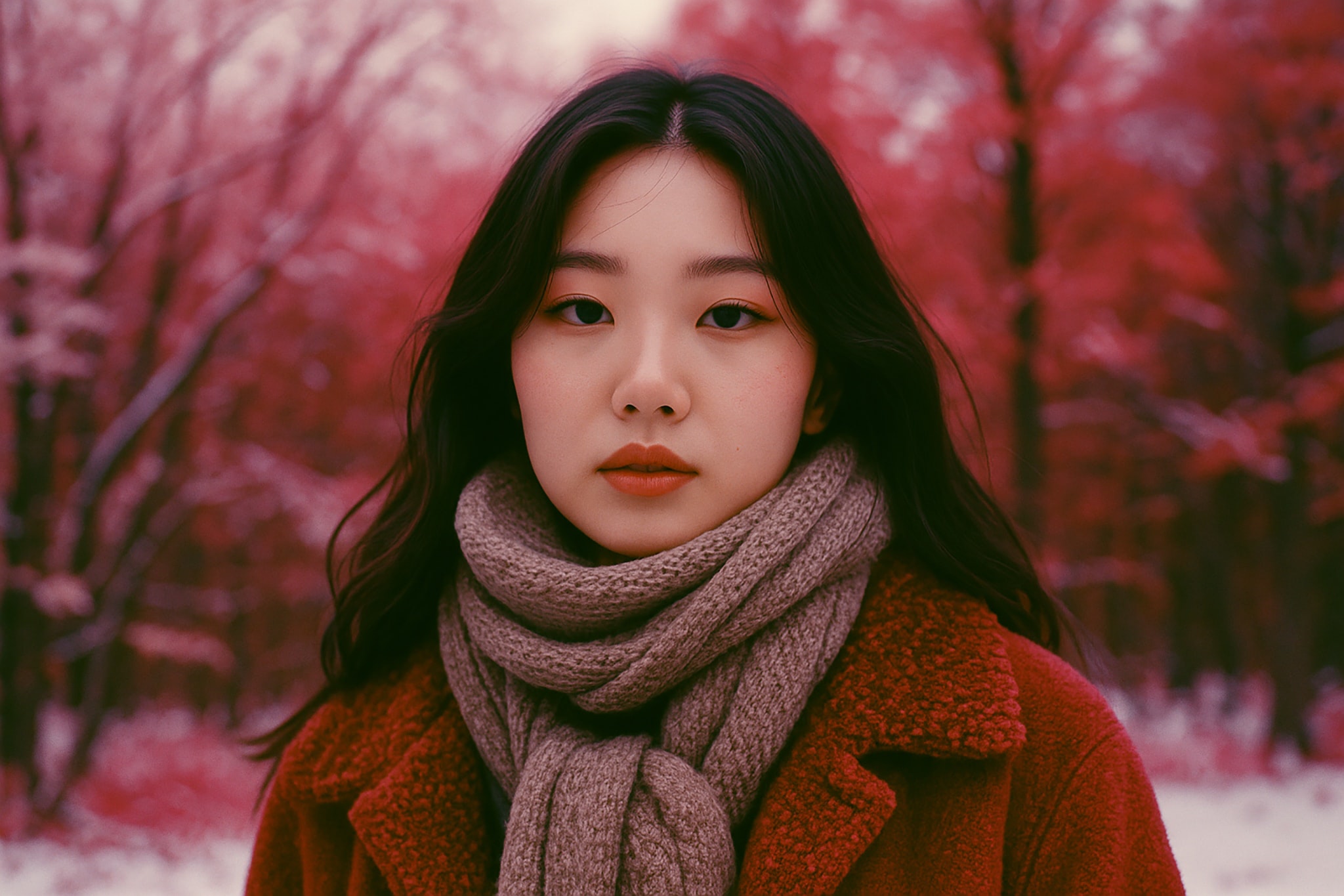 Young Asian woman in a red coat and scarf, looking at the camera, trees in the background.