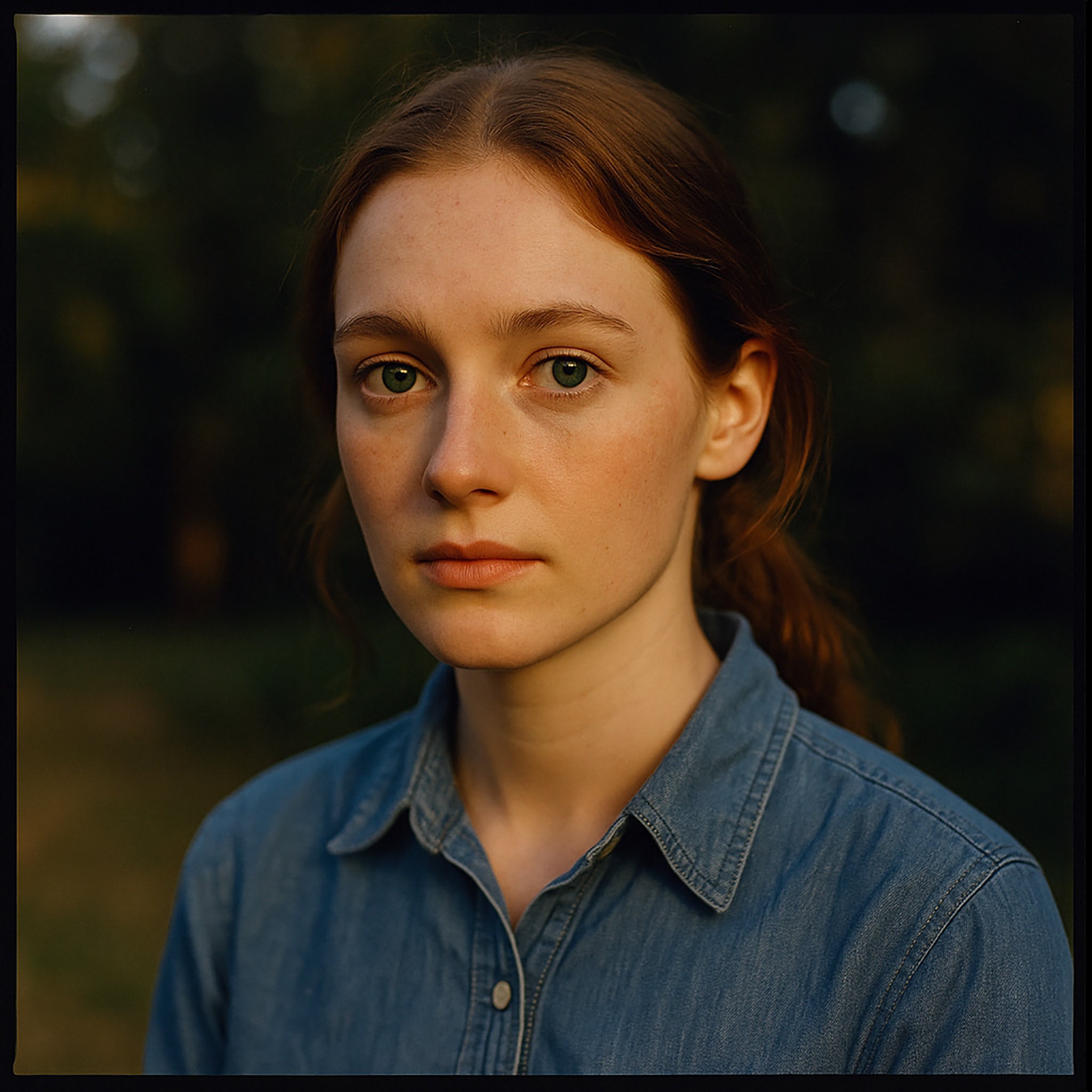 Young woman with red hair and green eyes, wearing a denim shirt, portrait.