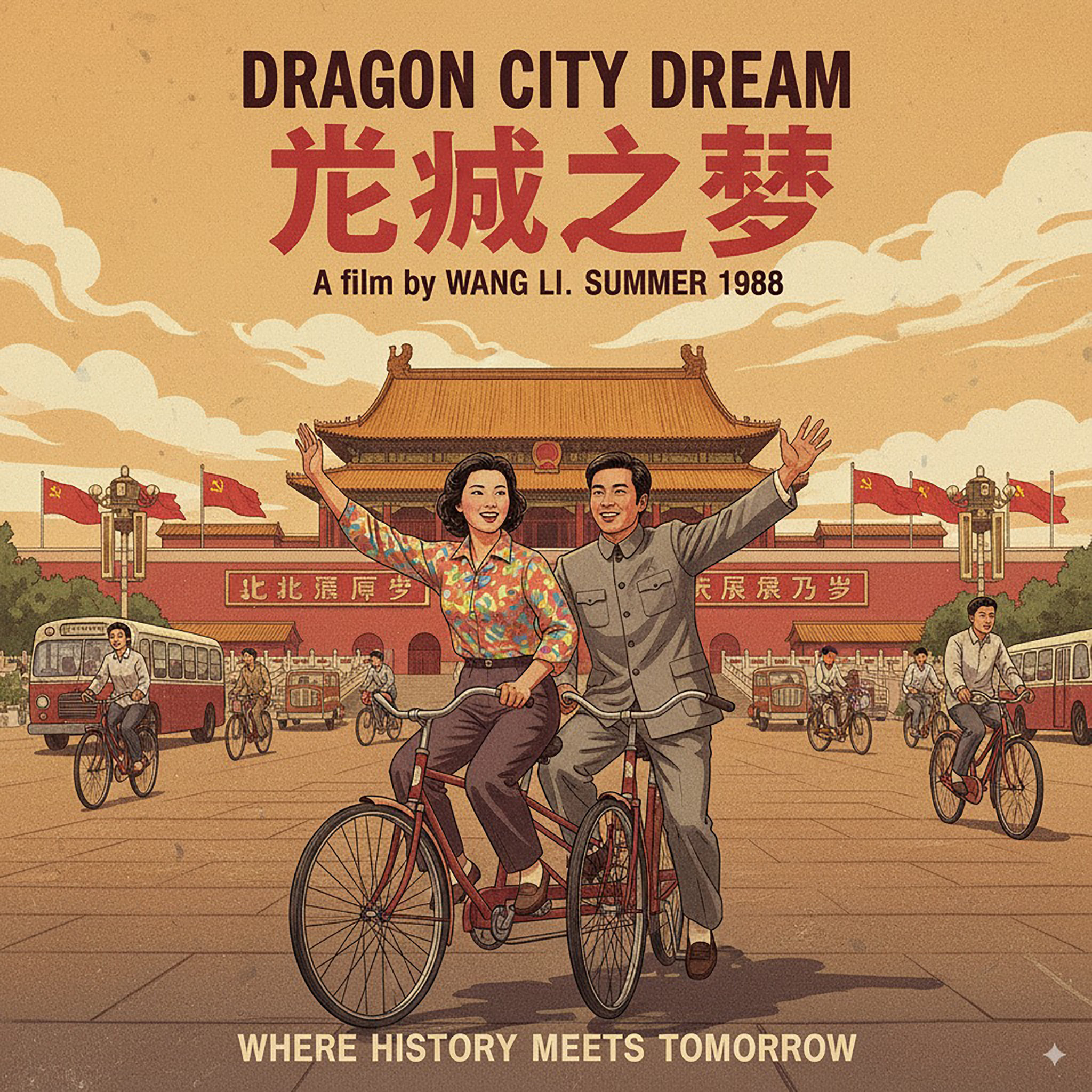 Vintage movie poster with couple cycling in front of Tiananmen Gate.