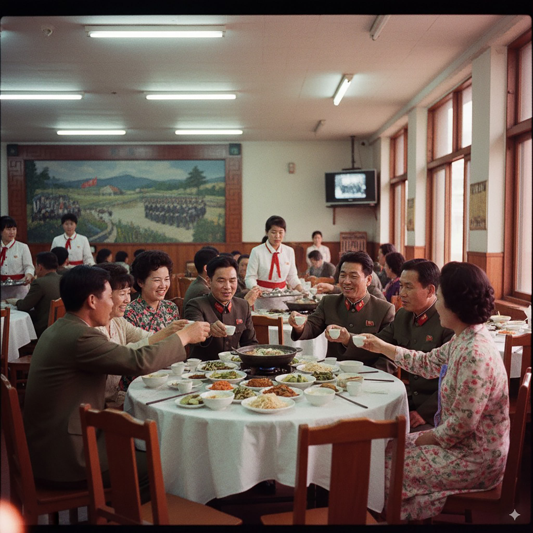 North Korean family at a celebratory dinner, raising glasses.