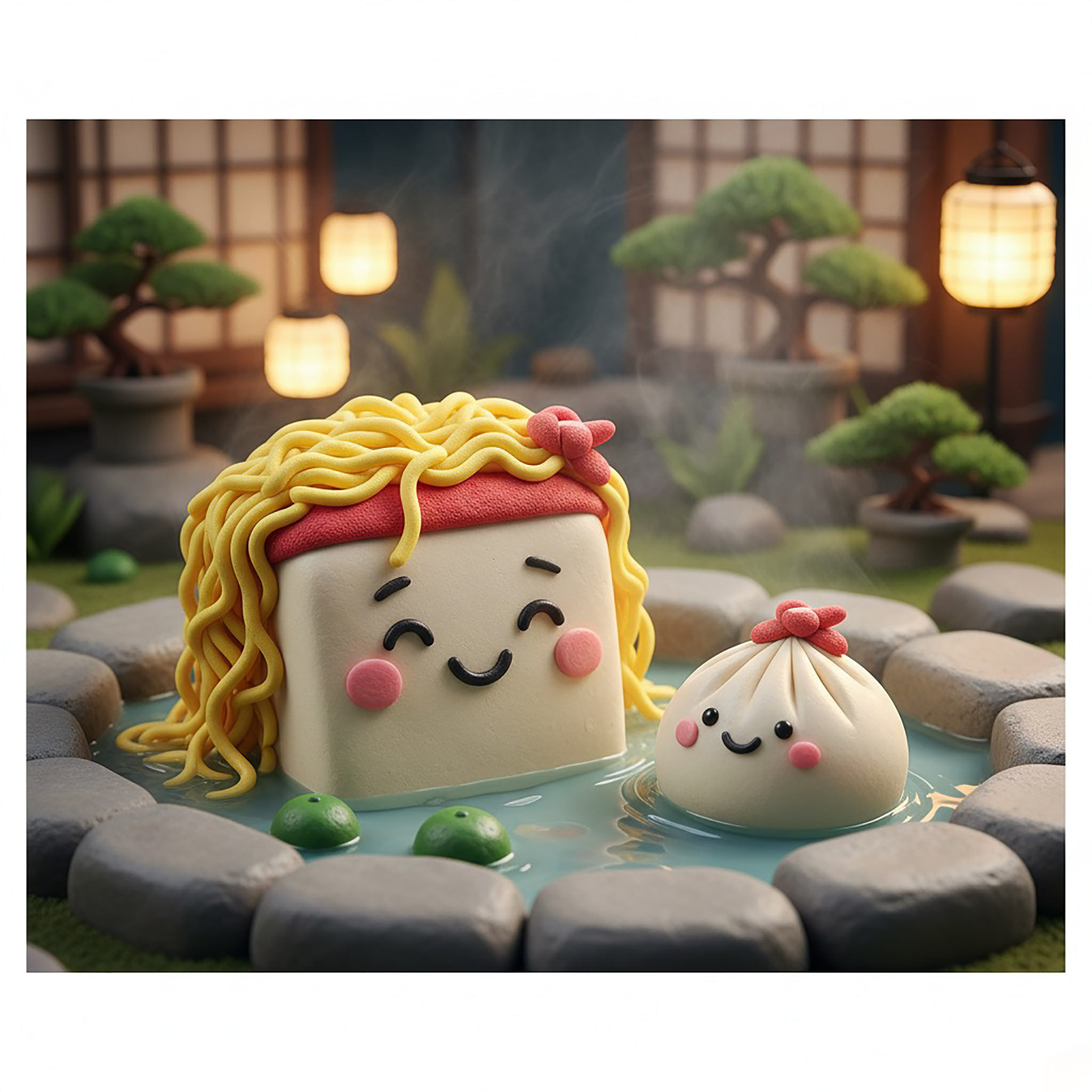Cute tofu and dumpling characters relaxing in a steamy hot spring bath.