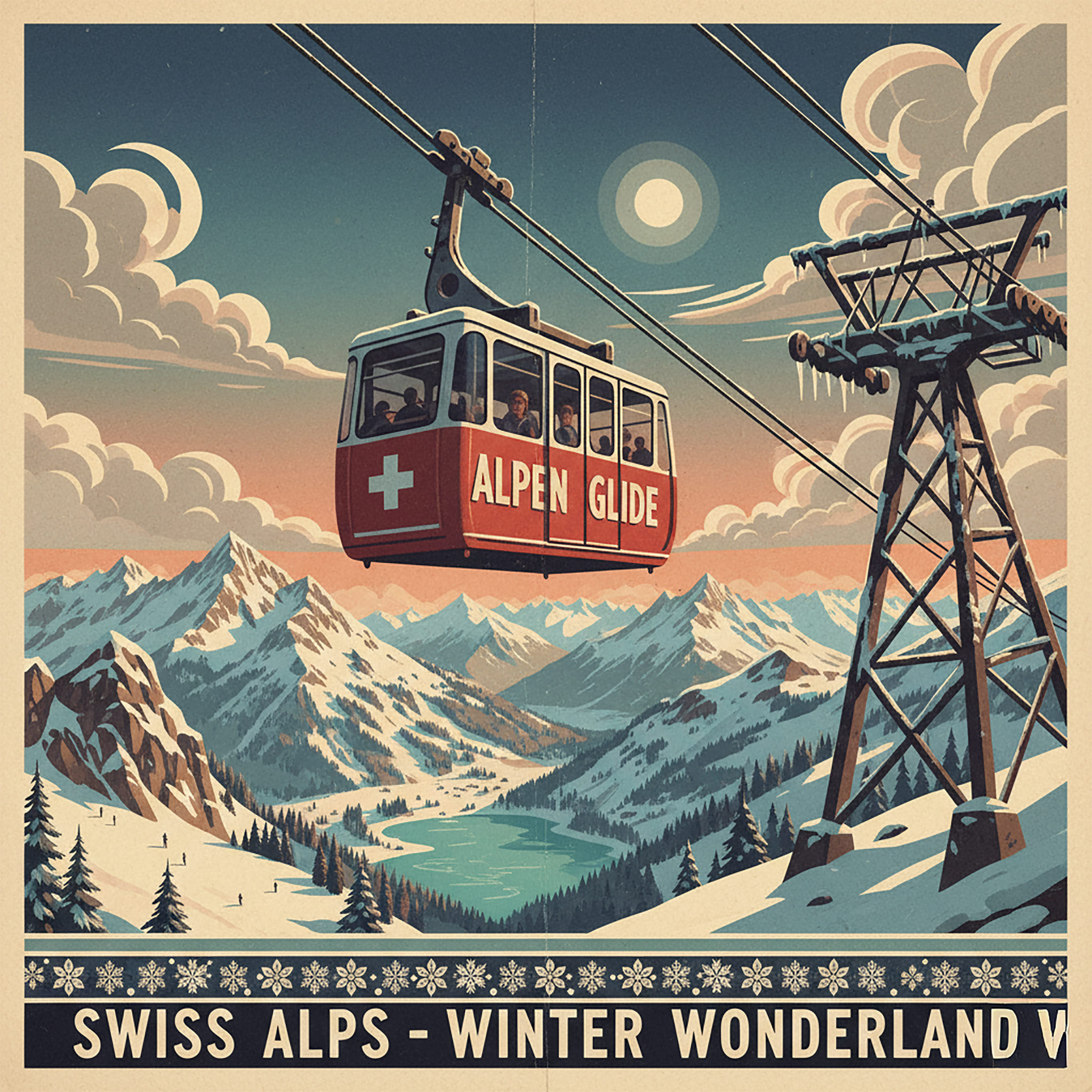 Vintage travel poster of a red cable car over snowy mountains and a lake in the Swiss Alps.