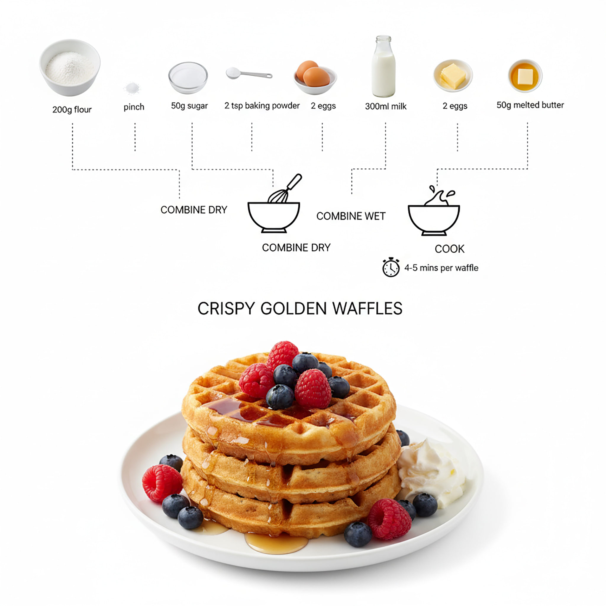 Waffle recipe infographic above a stack of golden waffles topped with fresh berries and syrup.