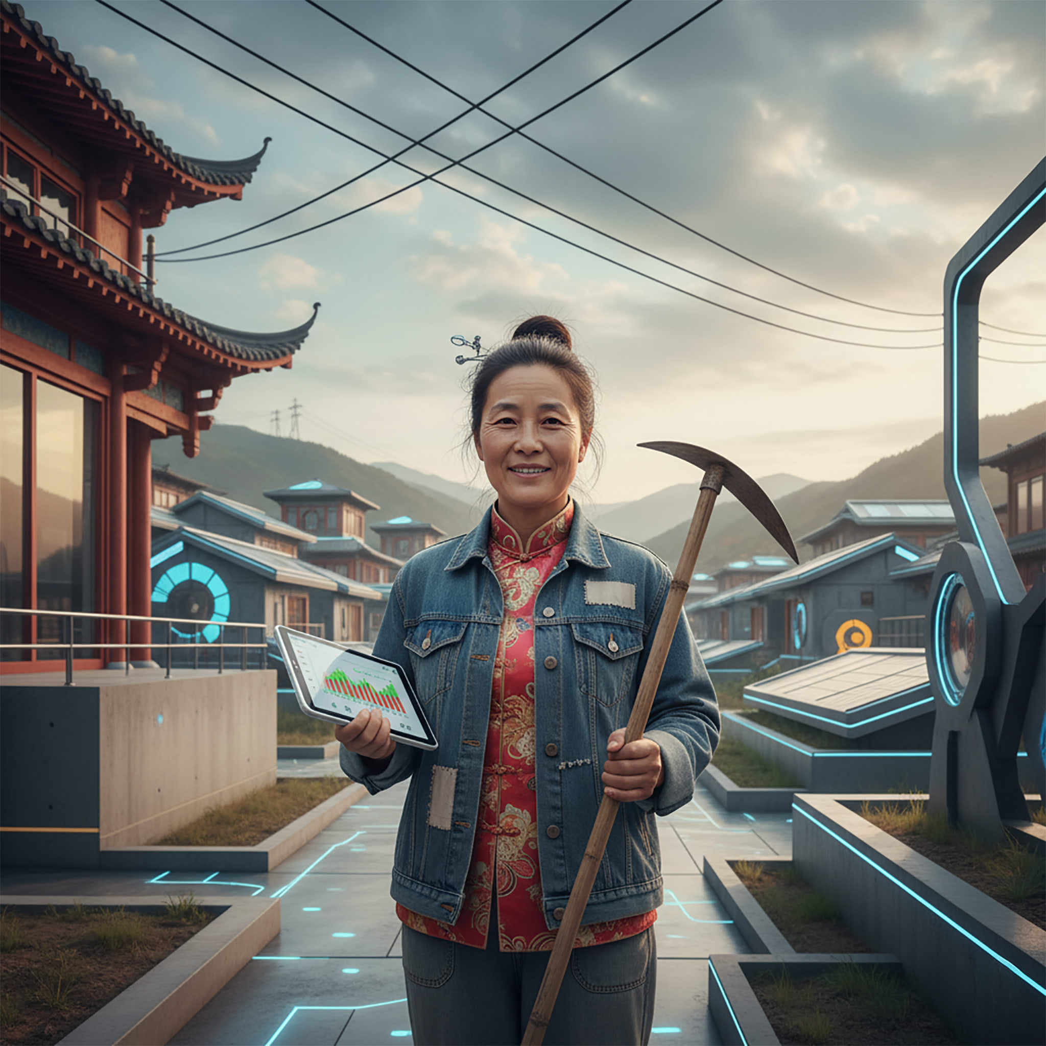 Chinese farmer holding a tablet and pickaxe in a futuristic village with traditional architecture.