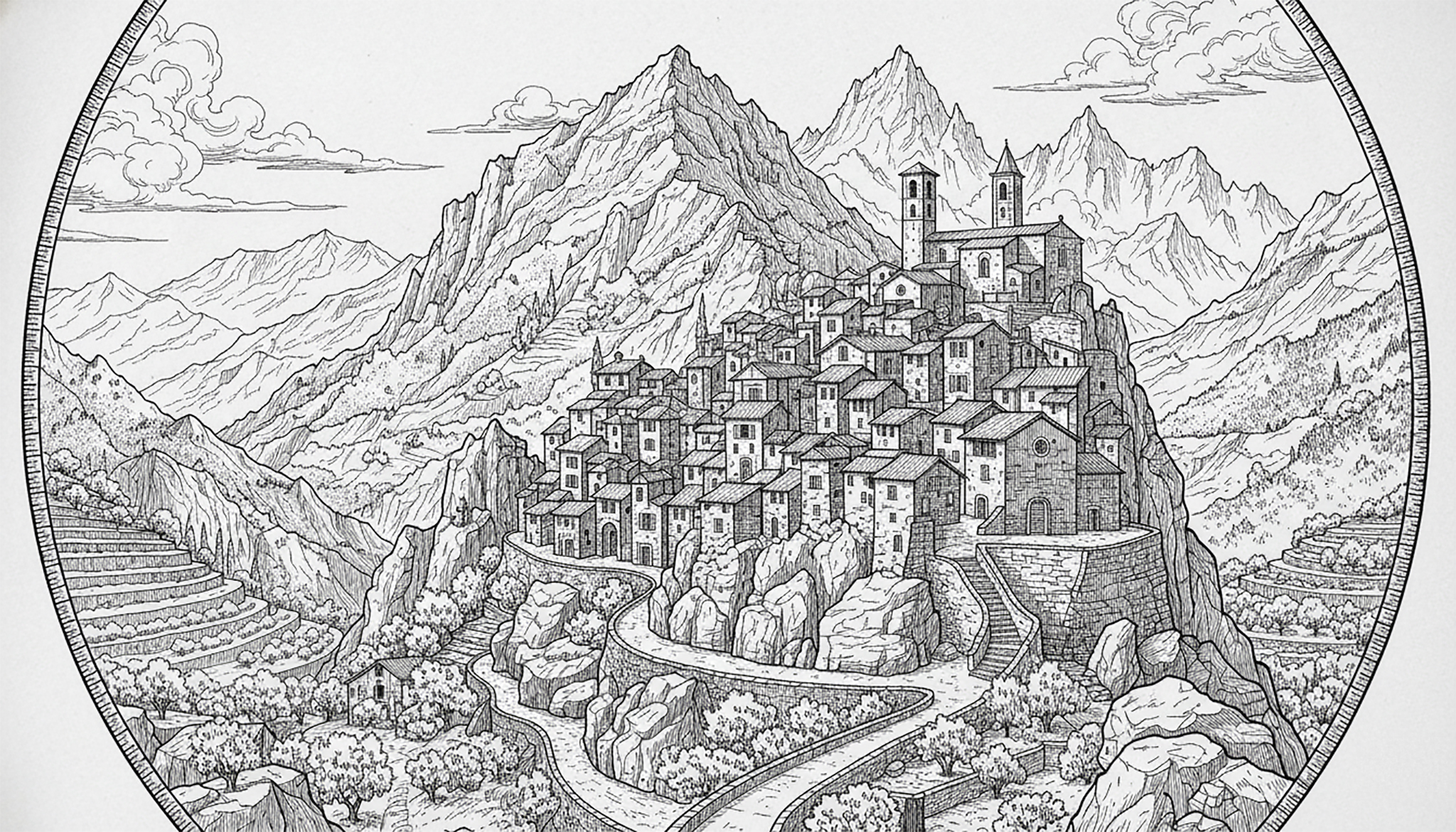 Detailed line drawing of an Italian stone village on a mountainside in a circular frame.