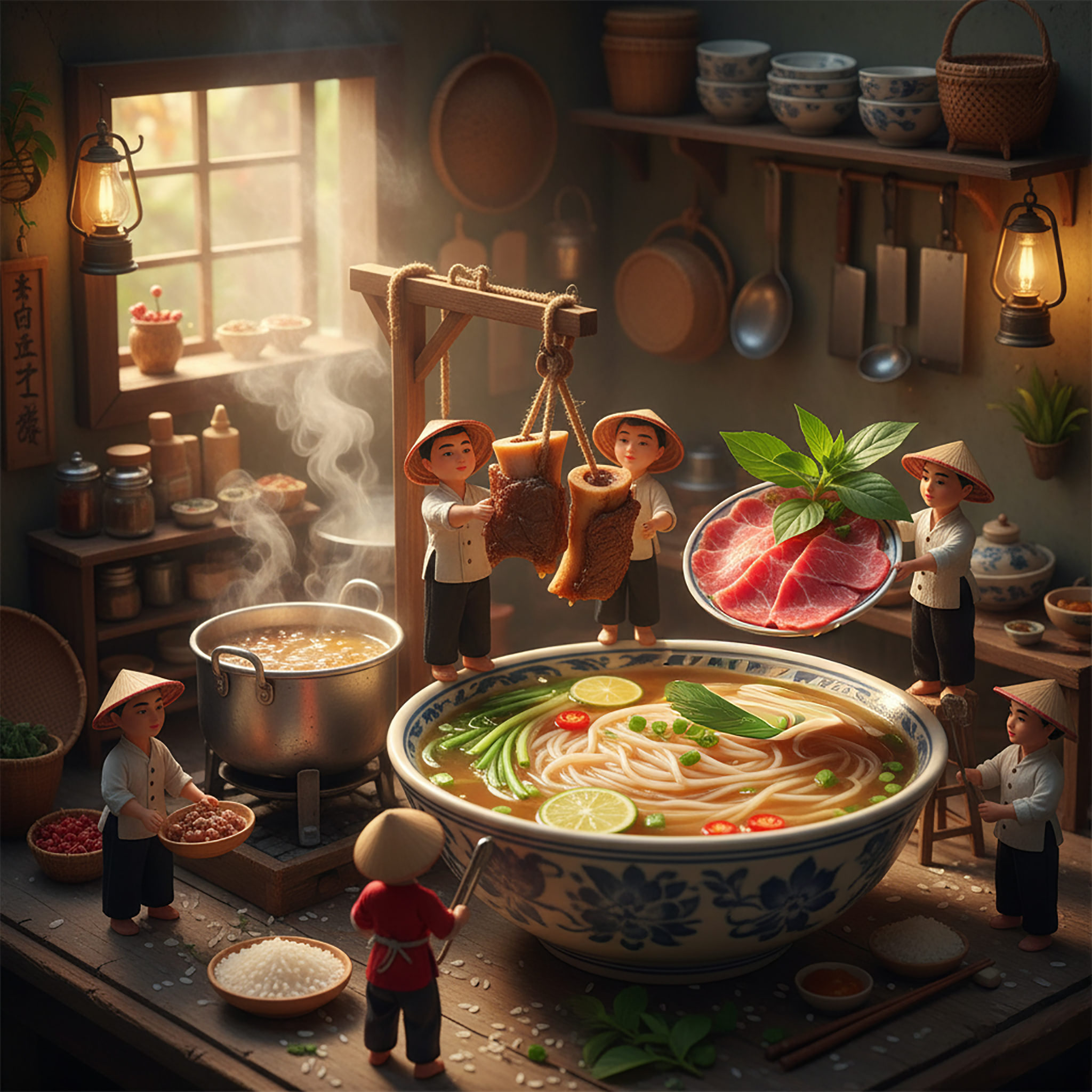 Miniature figures in conical hats preparing a giant bowl of steaming pho noodle soup.