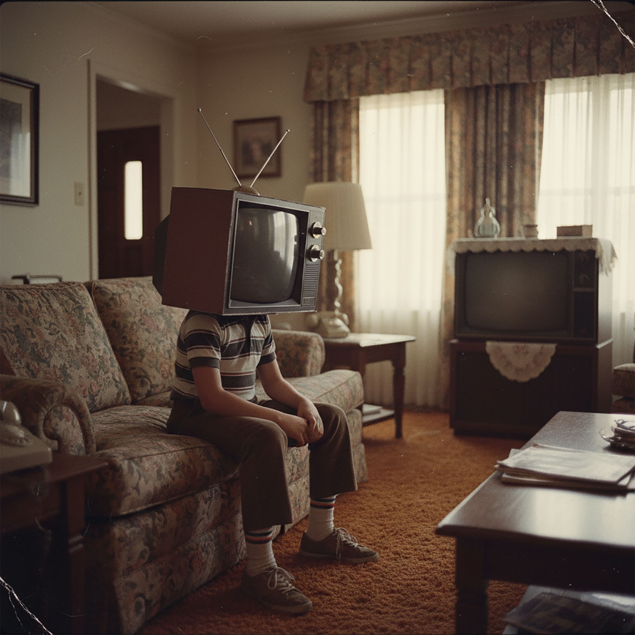 A child with a vintage television for a head sitting on a sofa in a retro living room.