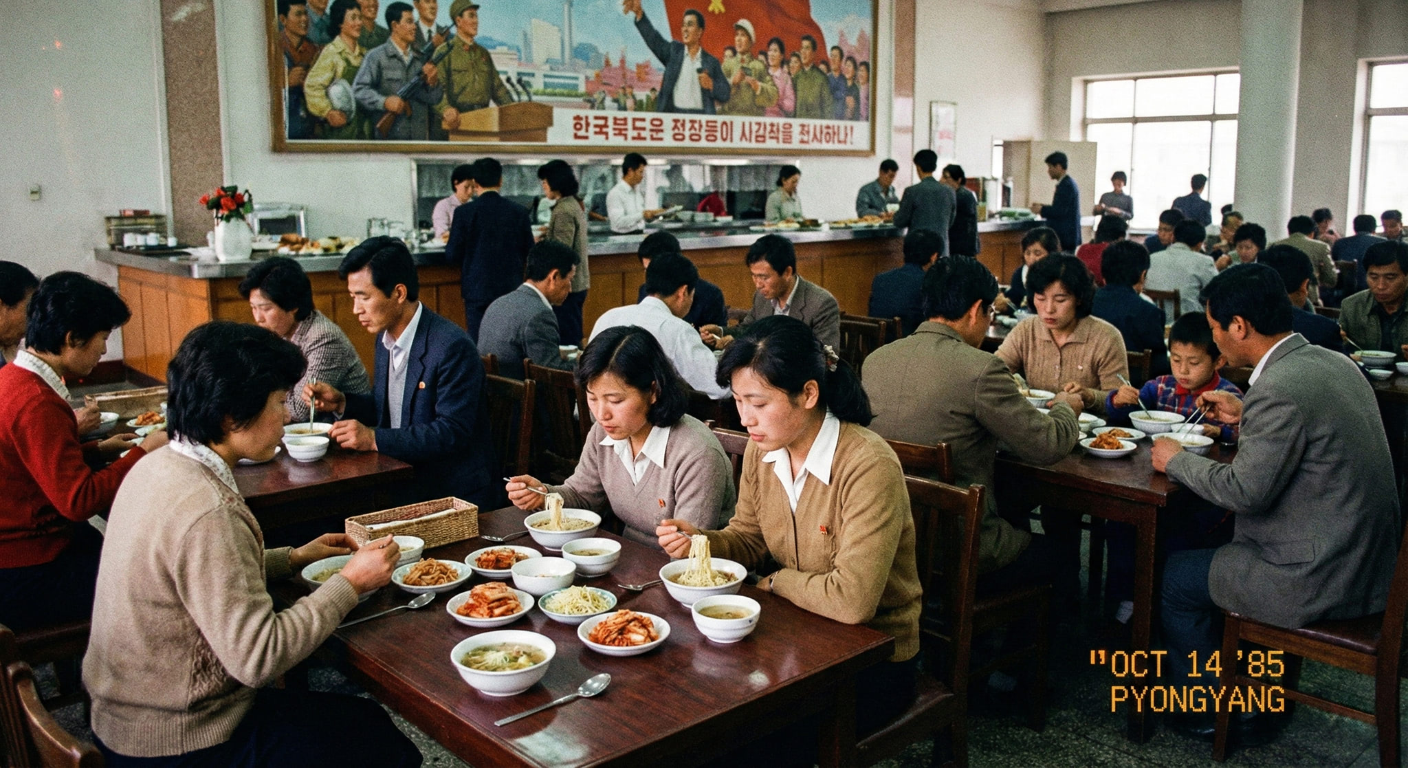 People eat meals at tables in a large dining hall beneath a socialist propaganda mural.