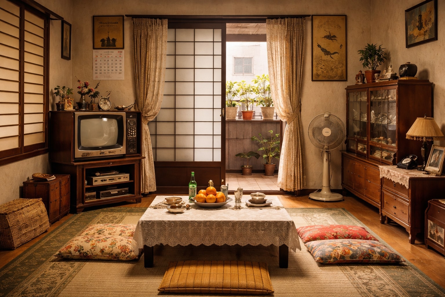 Vintage 1960s South Korean living room with traditional and modern furniture