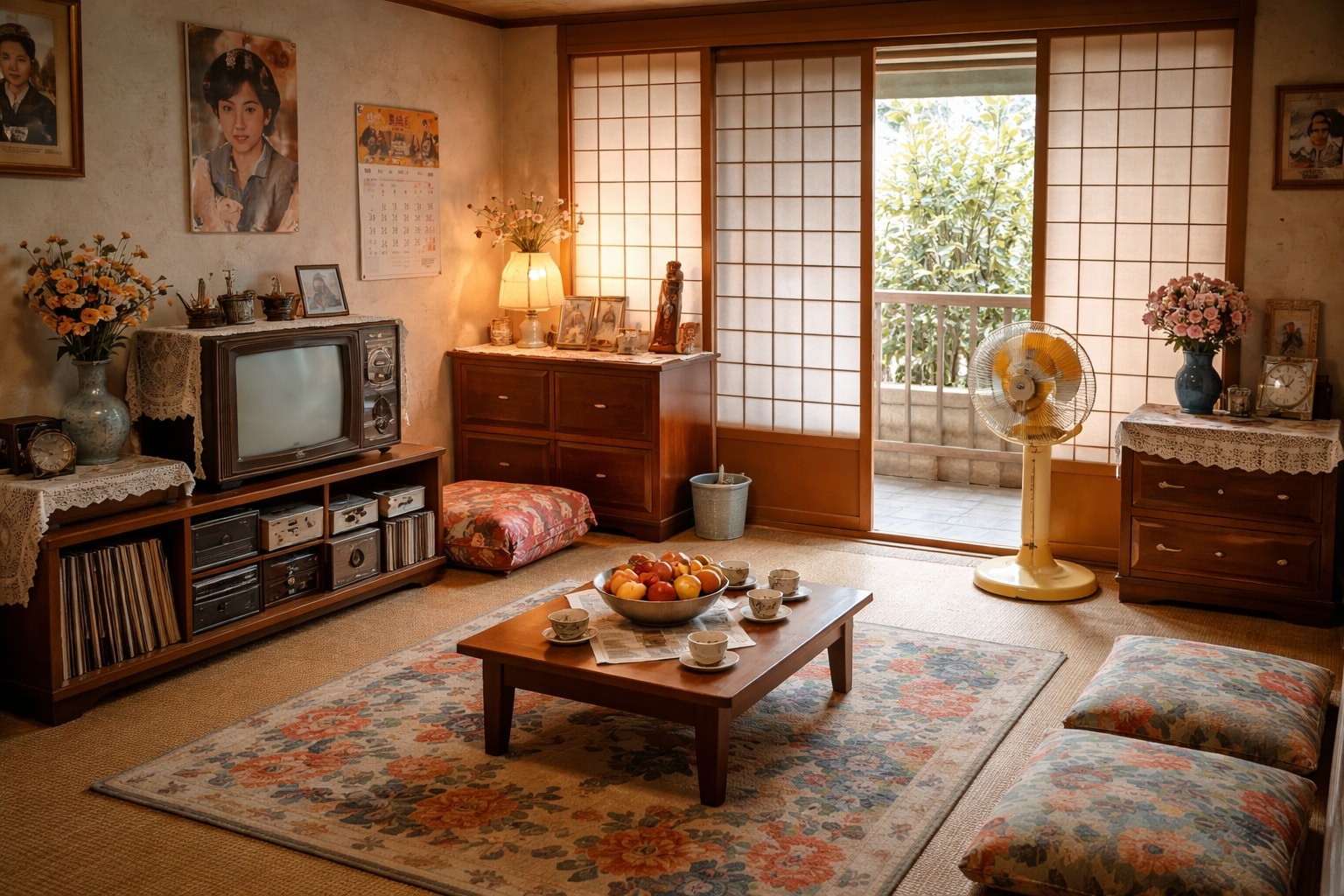 A mid-century modern South Korean living room from the 1960s with traditional and western furniture