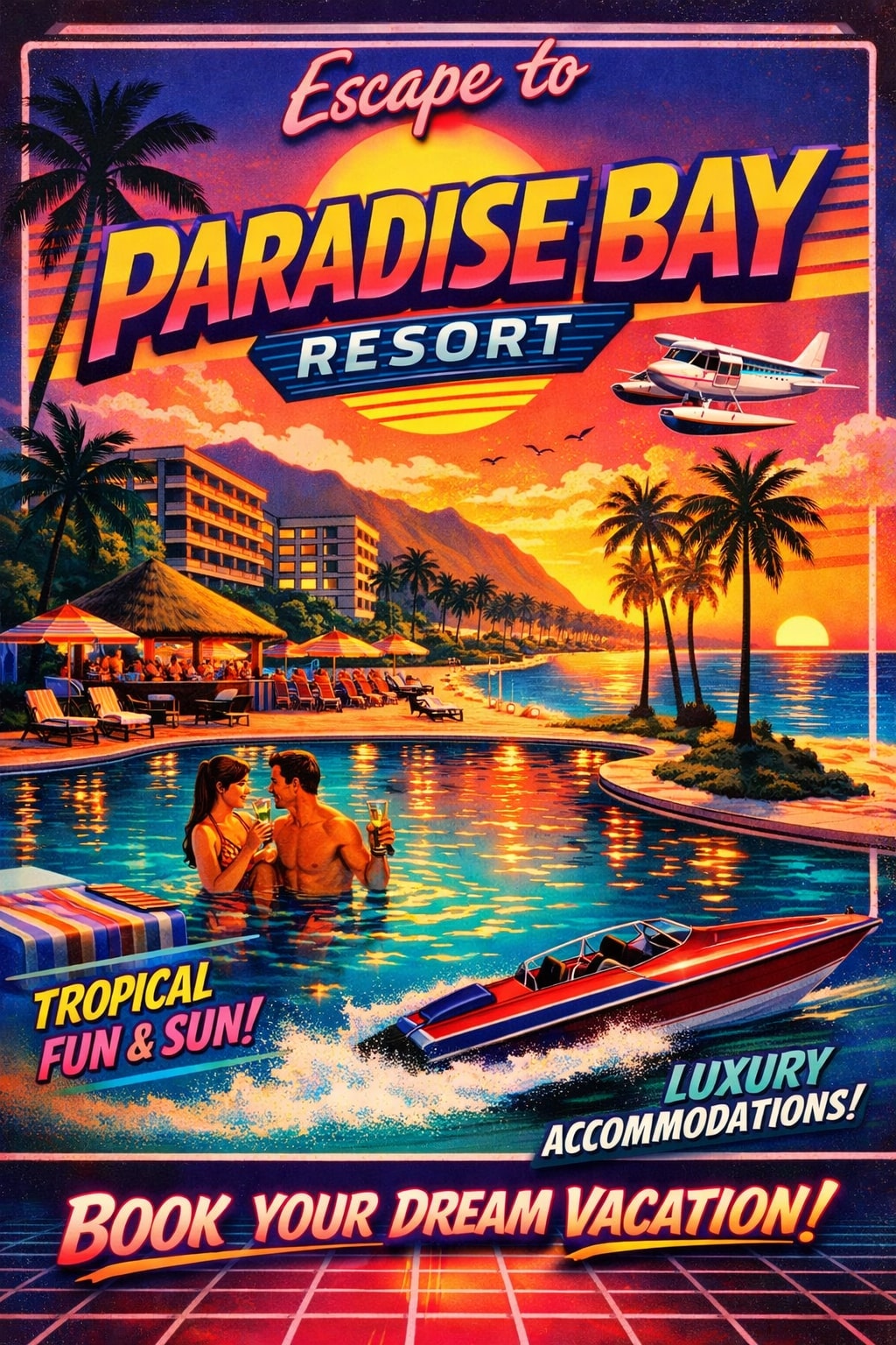 Retro 80s advertisement for a vibrant tropical hotel with palm trees and neon colors