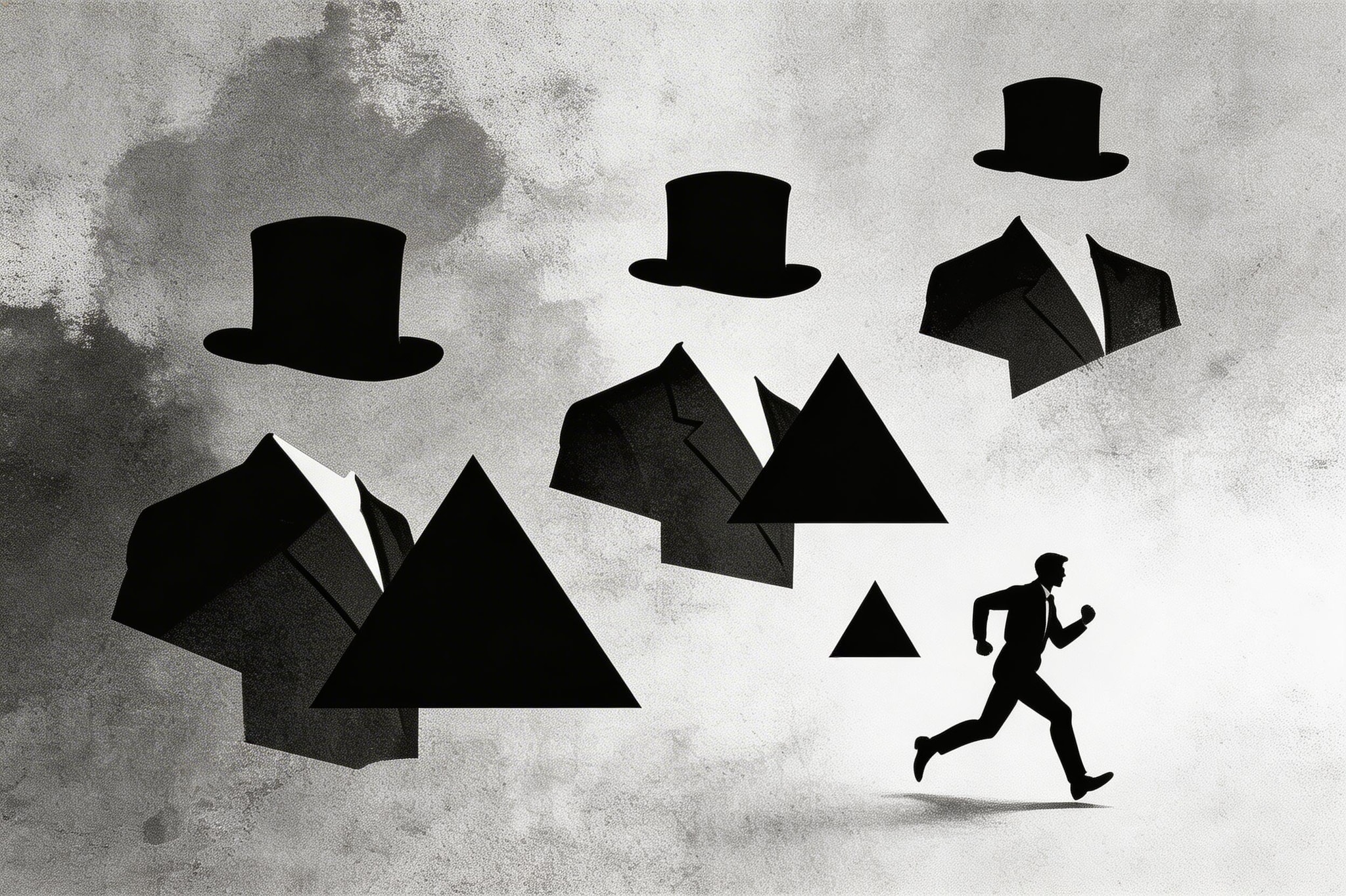 Abstract black and white artwork with men in top hats and geometric triangles