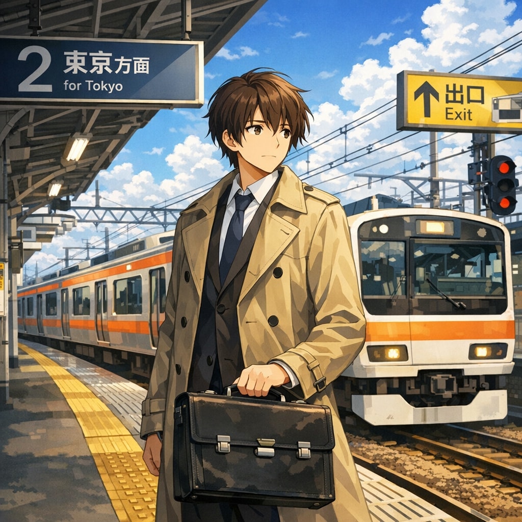 Anime-style illustration of a young man in a trench coat with a briefcase on a train platform