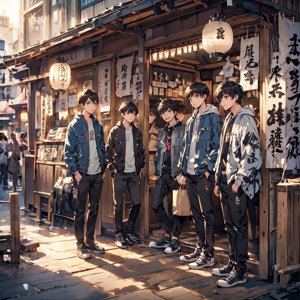 Anime-style illustration of young people in a traditional shop doorway covered in Japanese calligraphy signs.