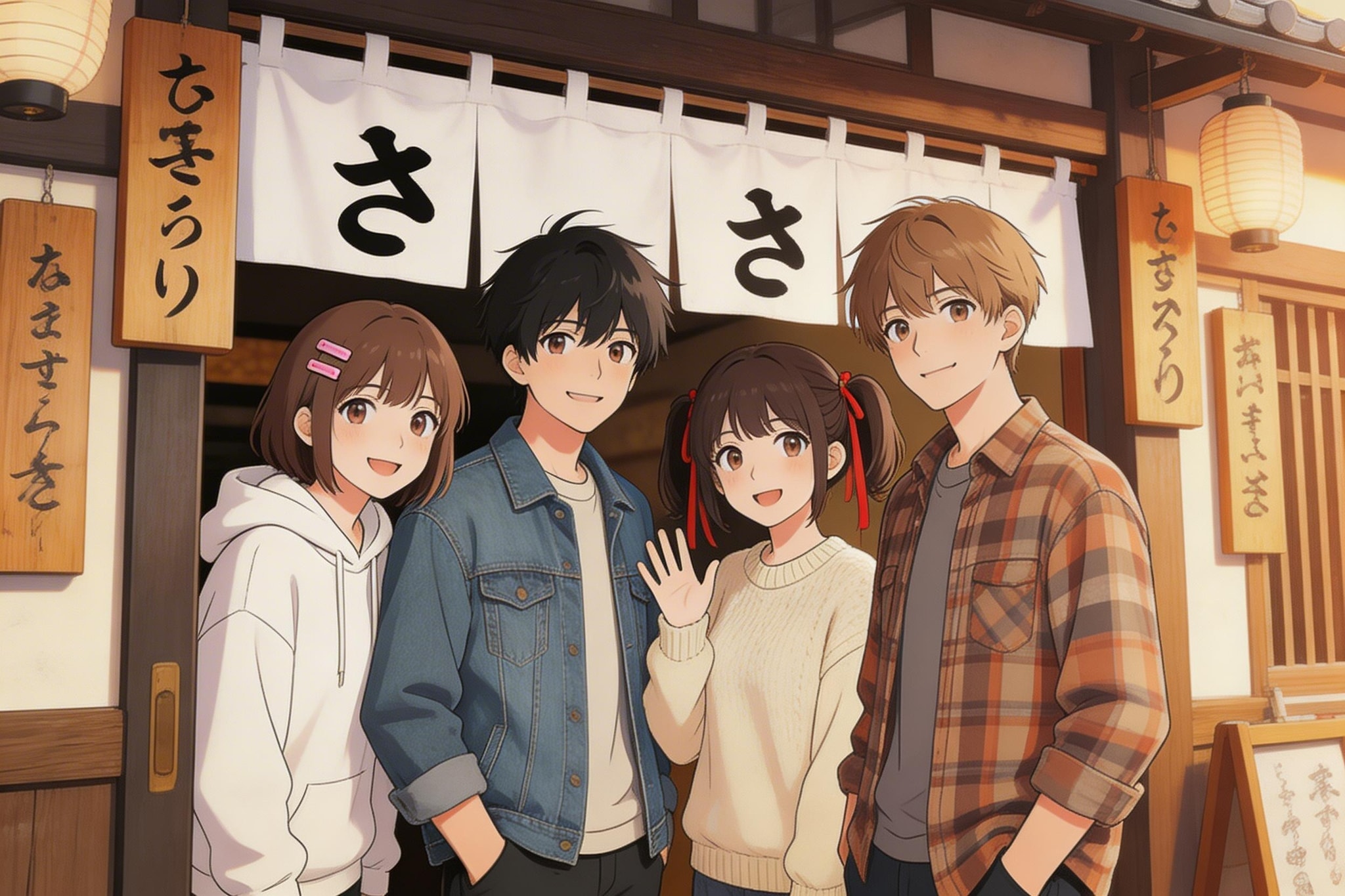 Anime-style illustration of young people in a traditional Japanese shop doorway with calligraphy signs