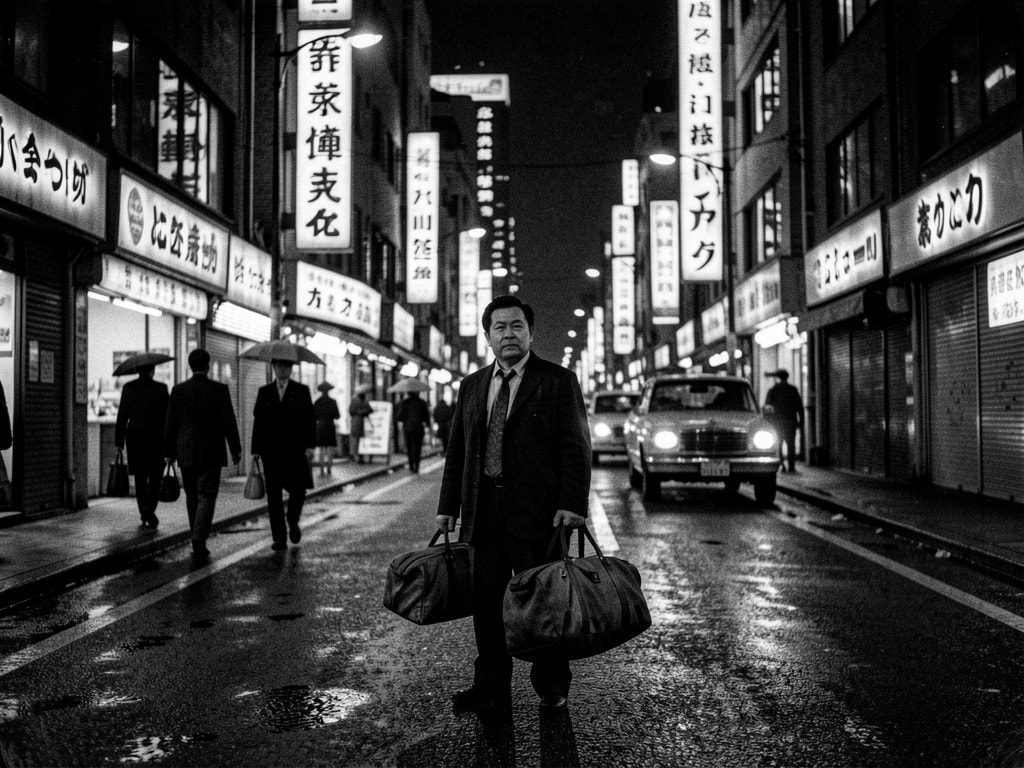 A black and white photo of a man arriving in a busy street in Tokyo