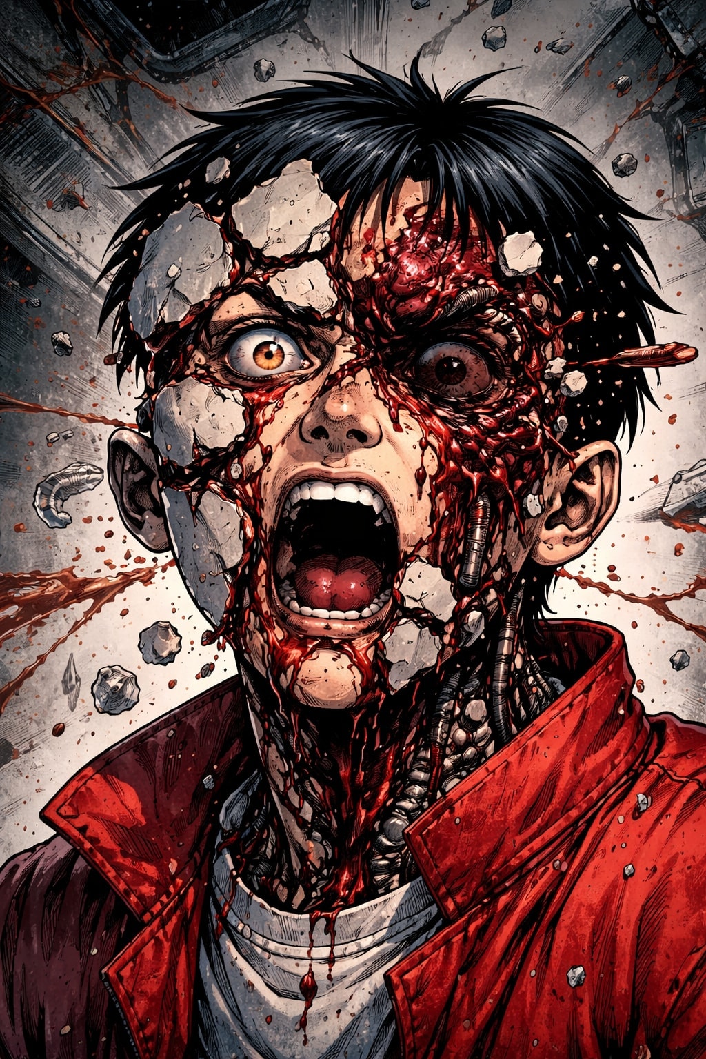 Digital illustration of a fractured face a cyberpunk style