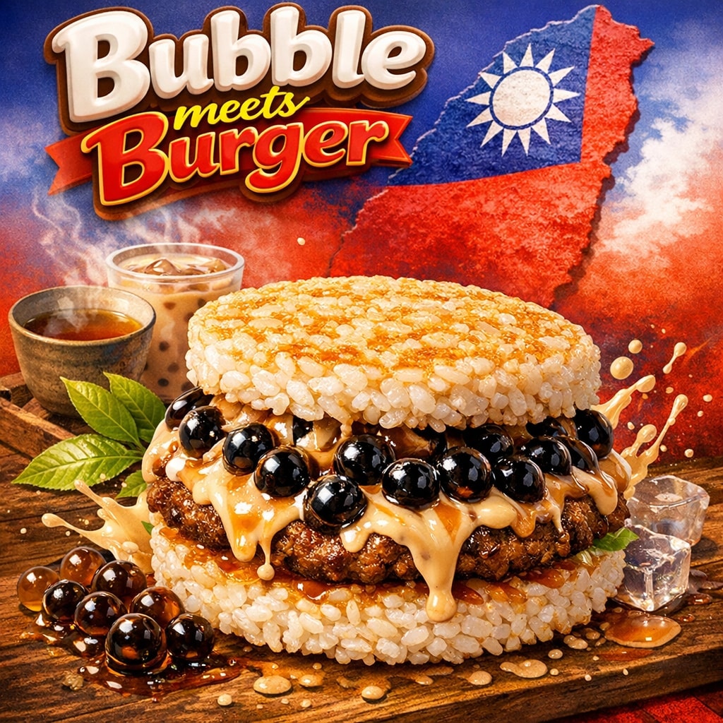 A realistic advertisement for a rice burger filled with bubble tea, with text reading Bubble meets Burger