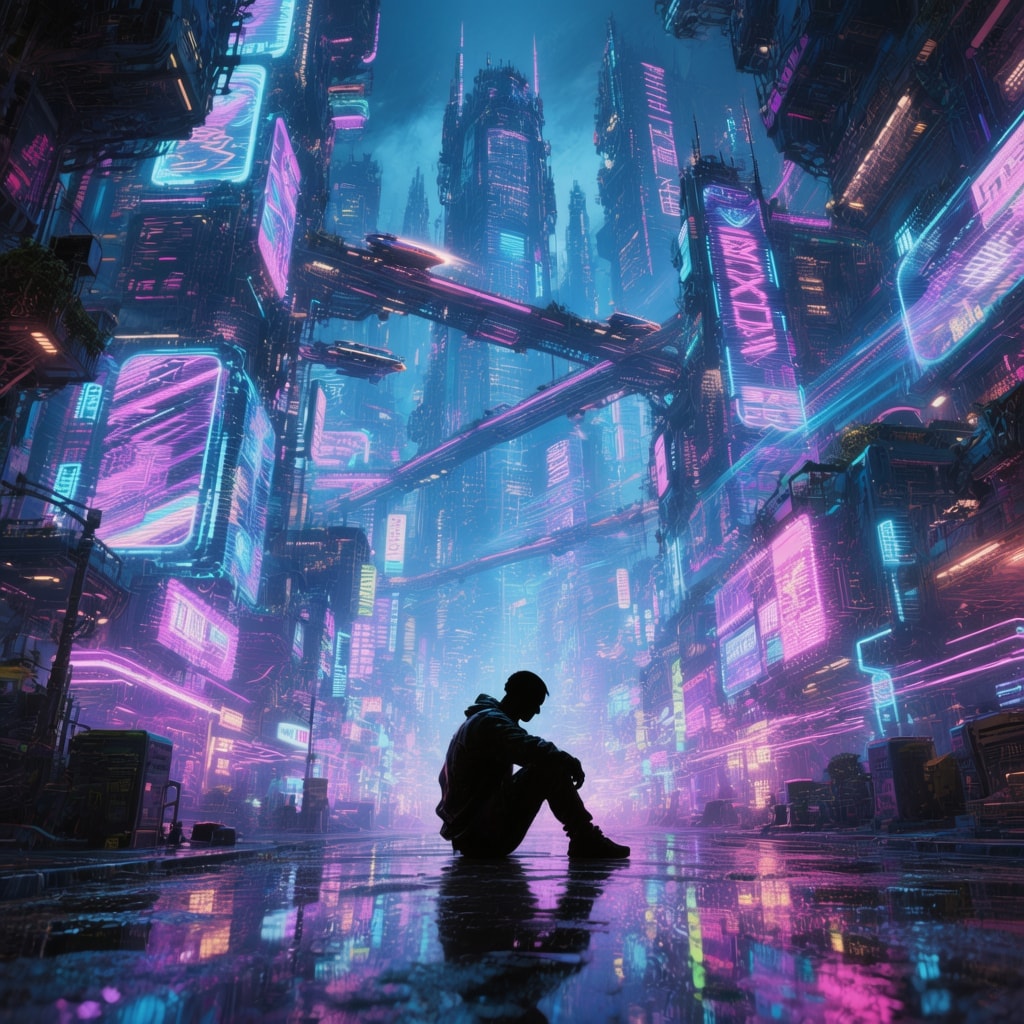 Digital illustration of a futuristic cyberpunk city at night with glowing neon signs and a silhouetted person sitting on the street.
