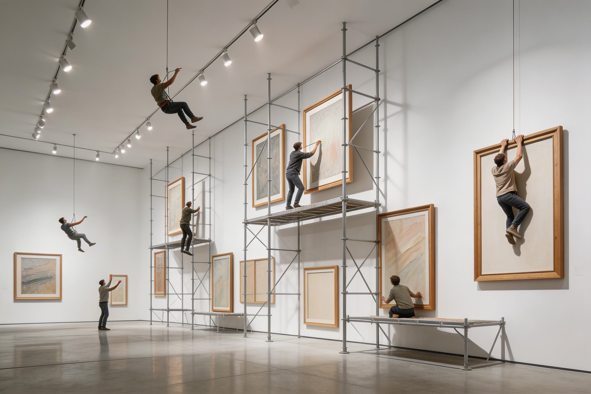 Art installation with figures climbing on framed paintings and scaffolding in a gallery