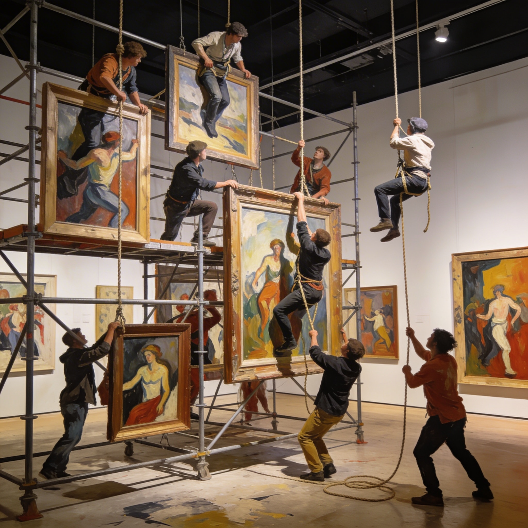 Complex staged art installation showing figures interacting with large painting frames and scaffolding in a gallery